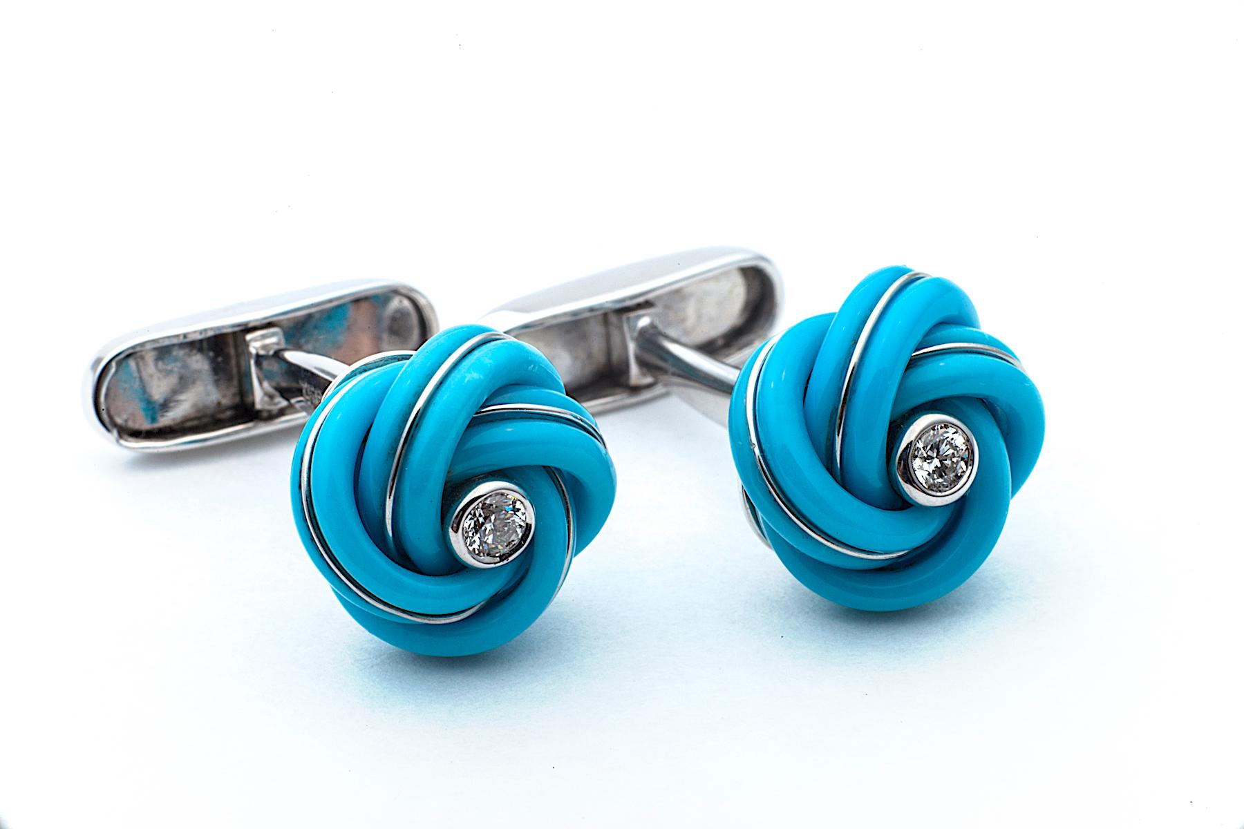 Knots are a symbol of love and eternity, with no beginning and end.  These one-of-a-kind handmade knot cufflinks, carved from turquoise with round bezel center diamonds, are a handsome reminder of that timeless strength.  Mounted in 18 karat white