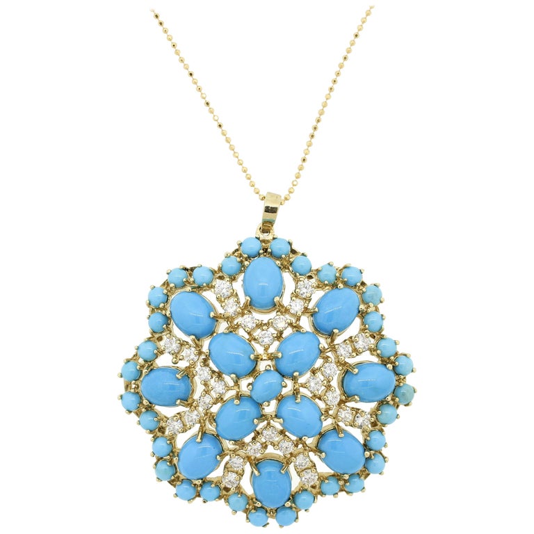 Turquoise Diamond Gold Medallion Pendant at 1stDibs