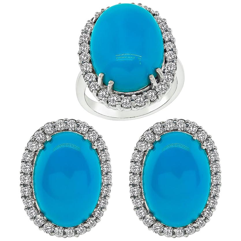 Turquoise Diamond Gold Ring and Earrings Set