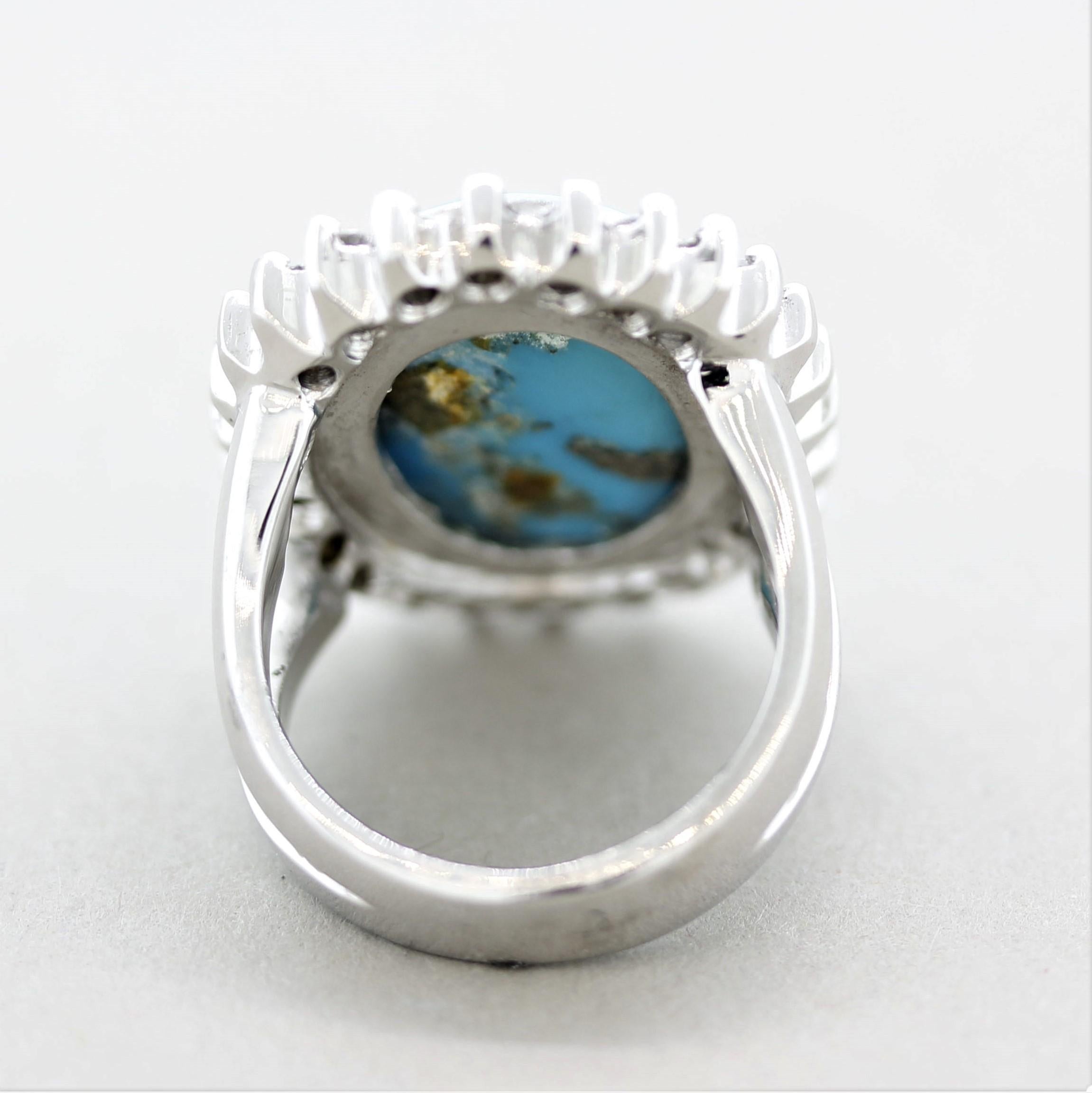 Turquoise Diamond Halo Gold Cocktail Ring In New Condition For Sale In Beverly Hills, CA