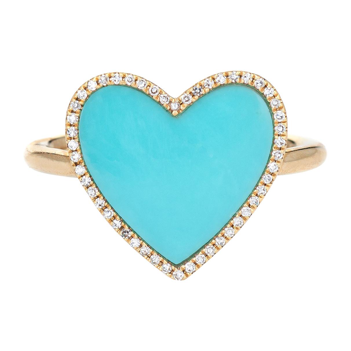 Turquoise Diamond Heart Ring Estate 14k Yellow Gold Large Cocktail Jewelry