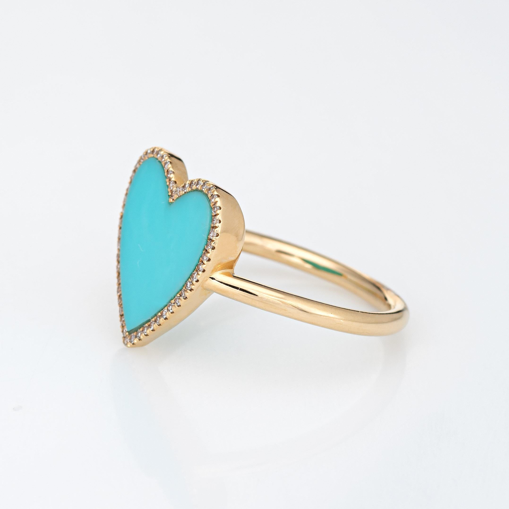 Modern Turquoise Diamond Heart Ring Estate 14k Yellow Gold Large Cocktail Jewelry