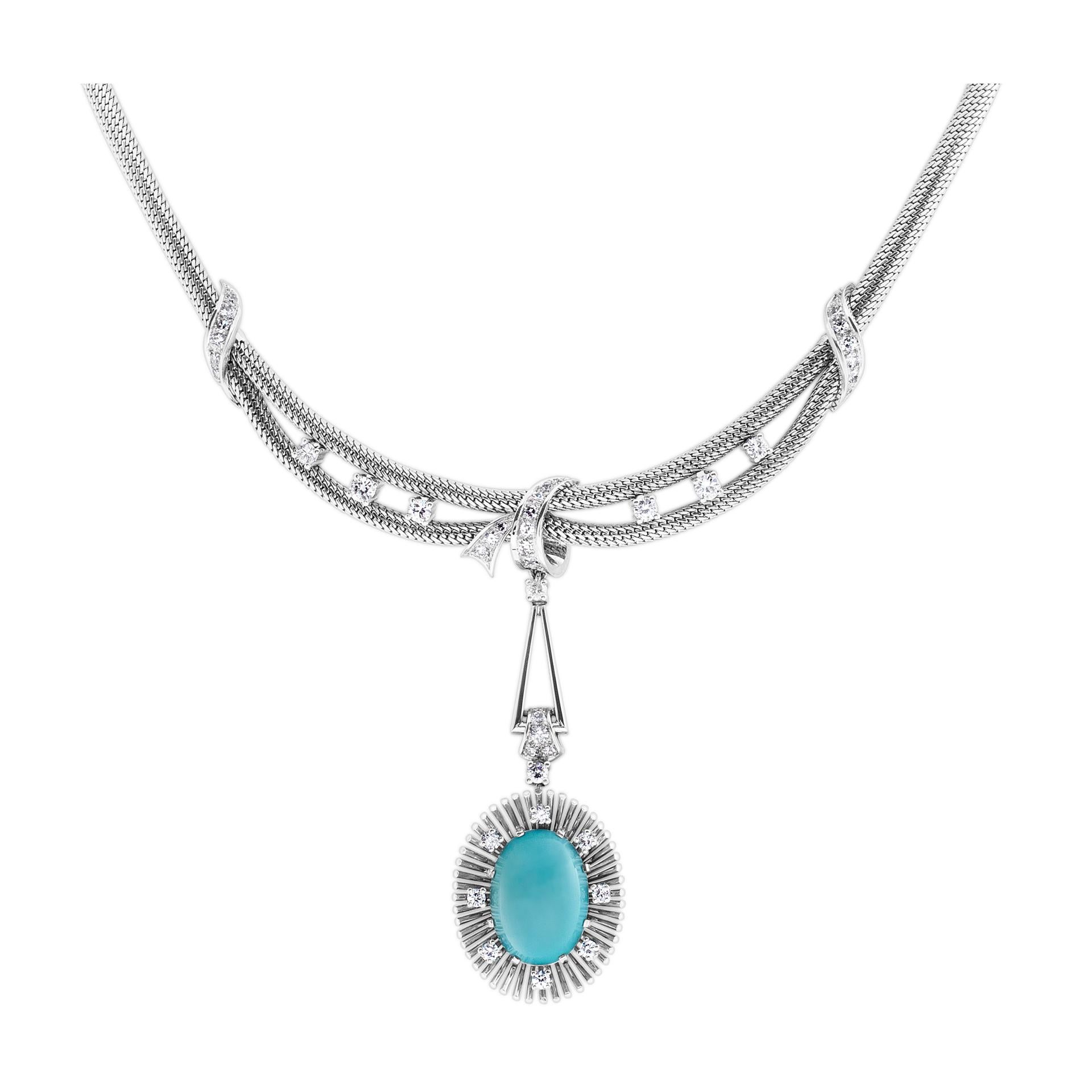 ESTIMATED RETAIL $8500.00 YOUR PRICE $5280.00  Elegant turquoise and diamond necklace and earrings set in 18k white gold. Approximately over 2 carats full cut round brilliant diamonds. Diamonds estimate G-H color, VS-SI clarity. Necklace length 16