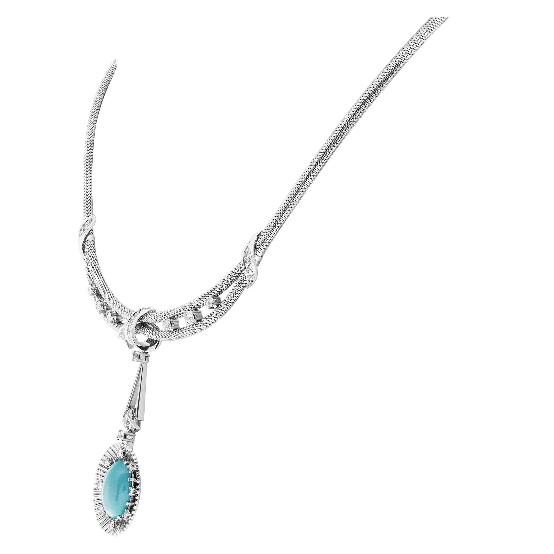 Round Cut Turquoise and Diamond Necklace and Earrings Set in 18 Karat White Gold