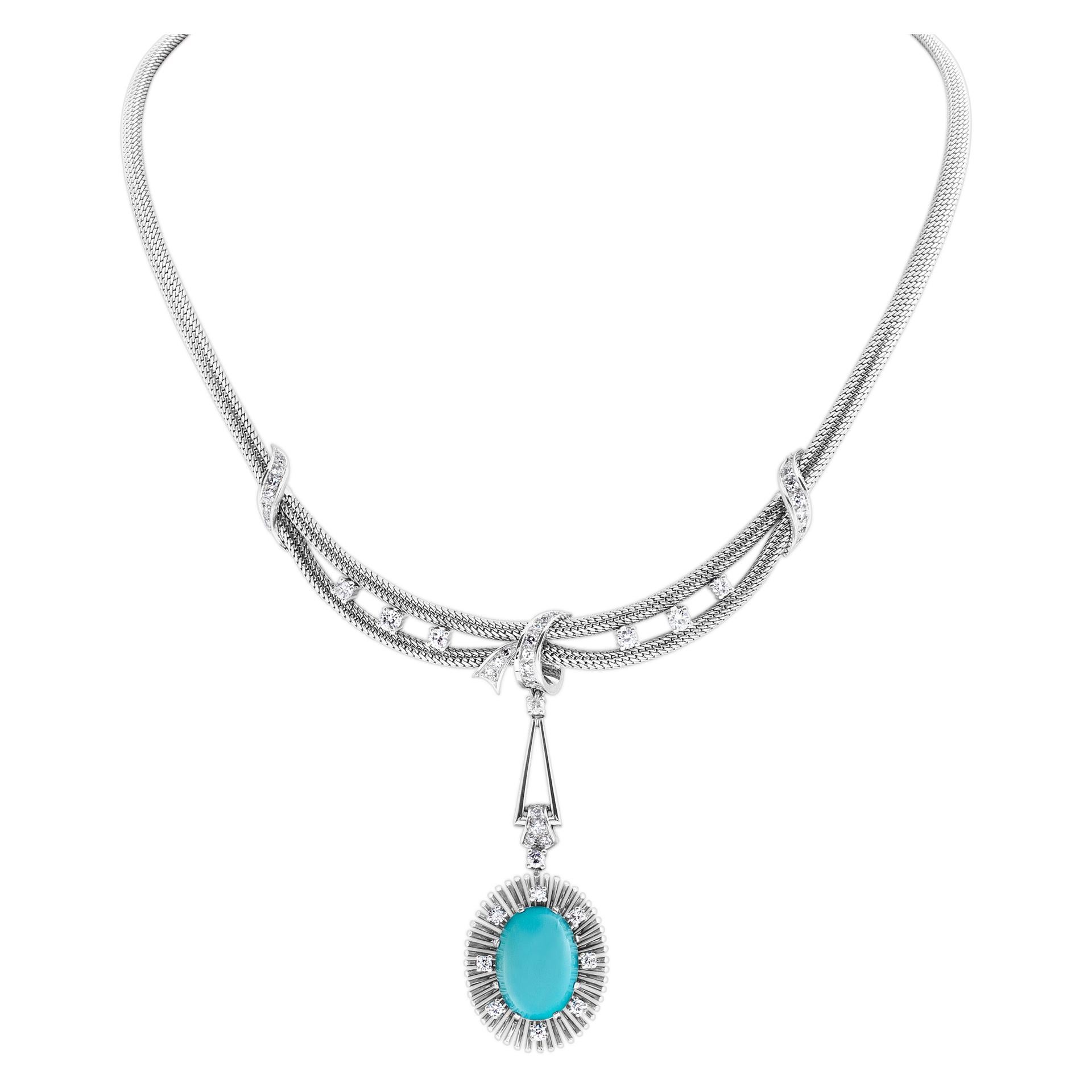 Women's Turquoise and Diamond Necklace and Earrings Set in 18 Karat White Gold