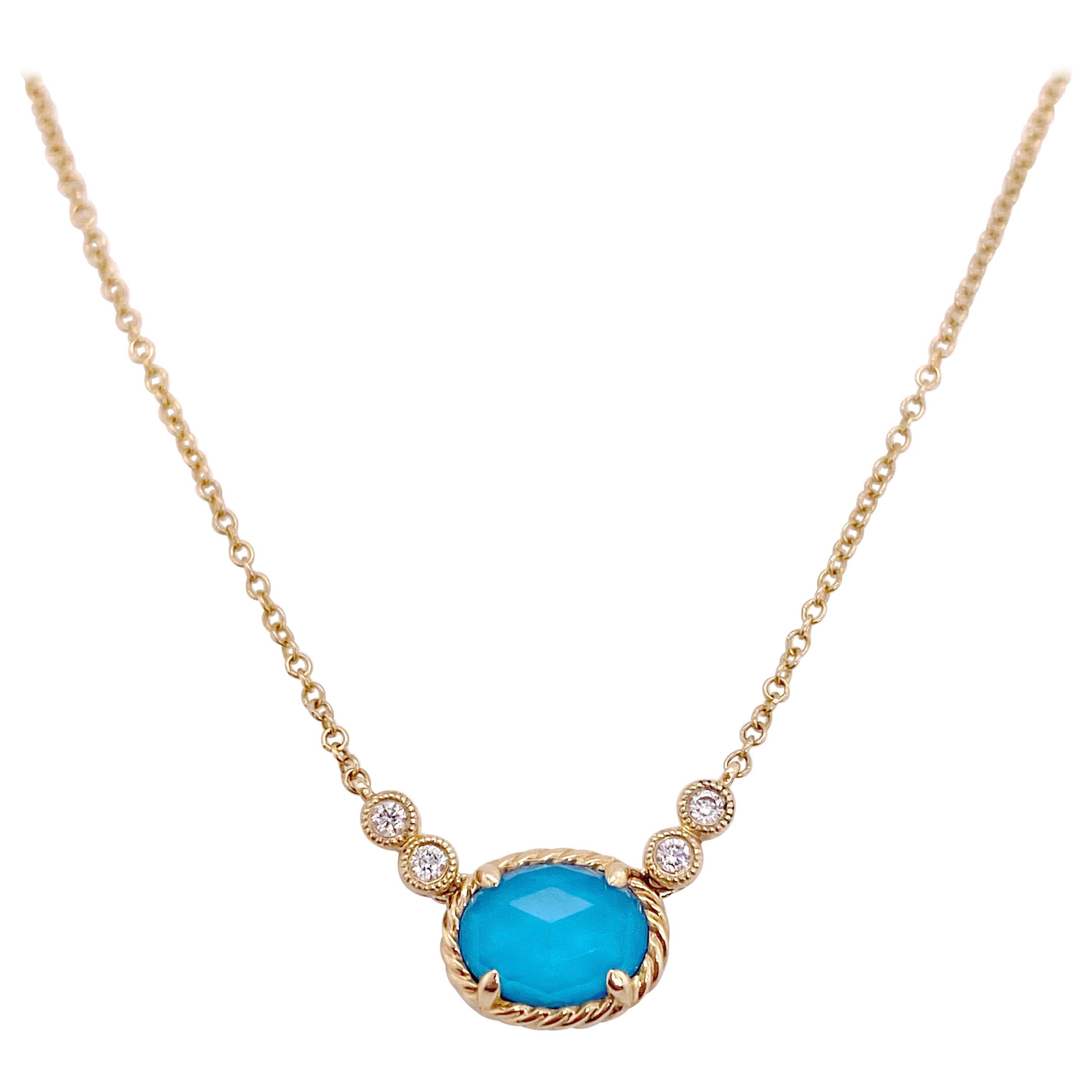 Turquoise Diamond Necklace with four Diamonds, Designer Yellow Gold