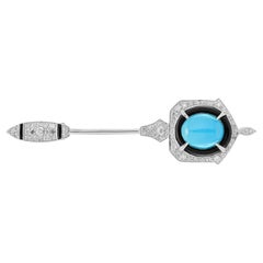 Turquoise Diamond Onyx Art Deco Style Brooch in 18k White Gold