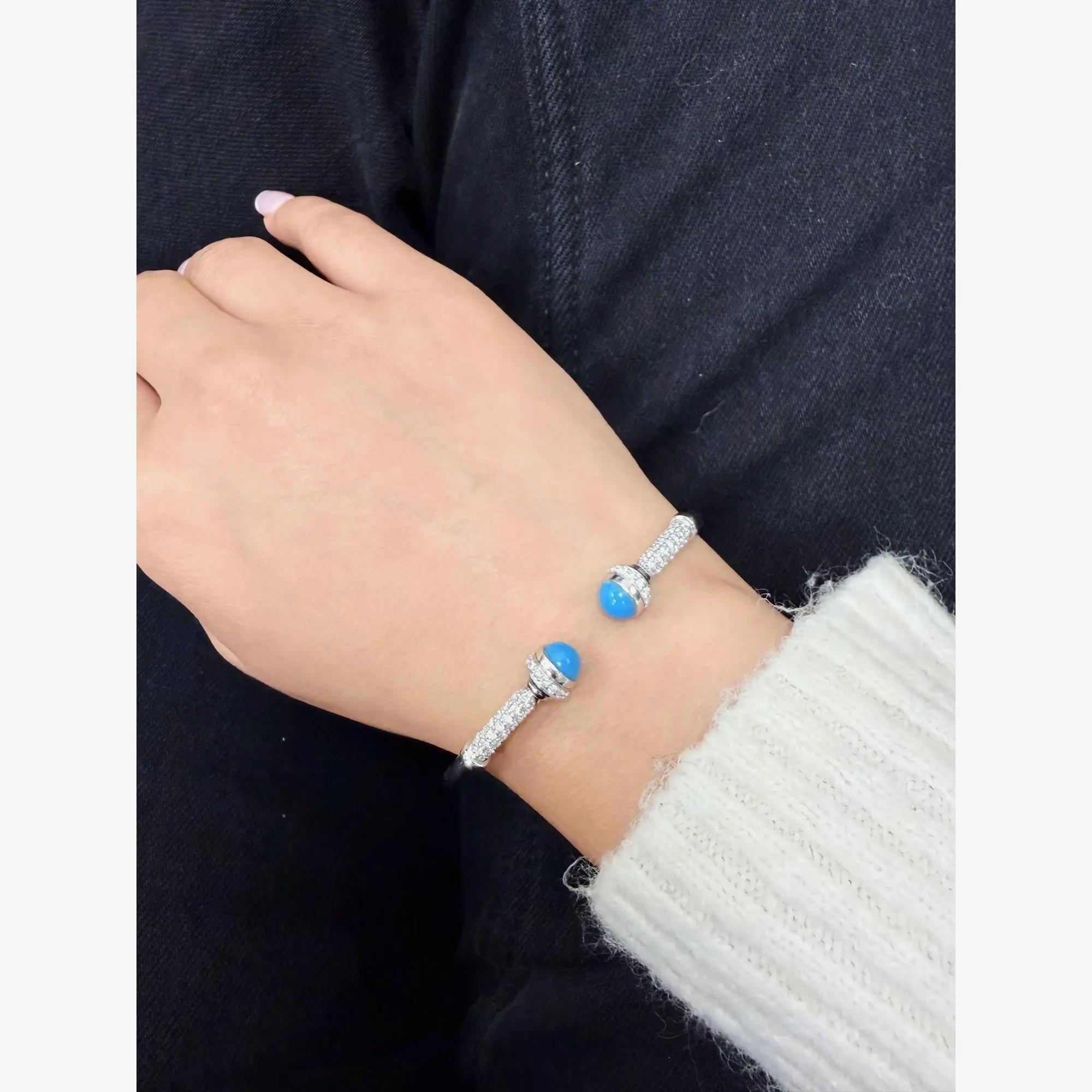 Türkis & Diamant offener Armreif 1,05Ctw 18K Weißgold (Rundschliff) im Angebot