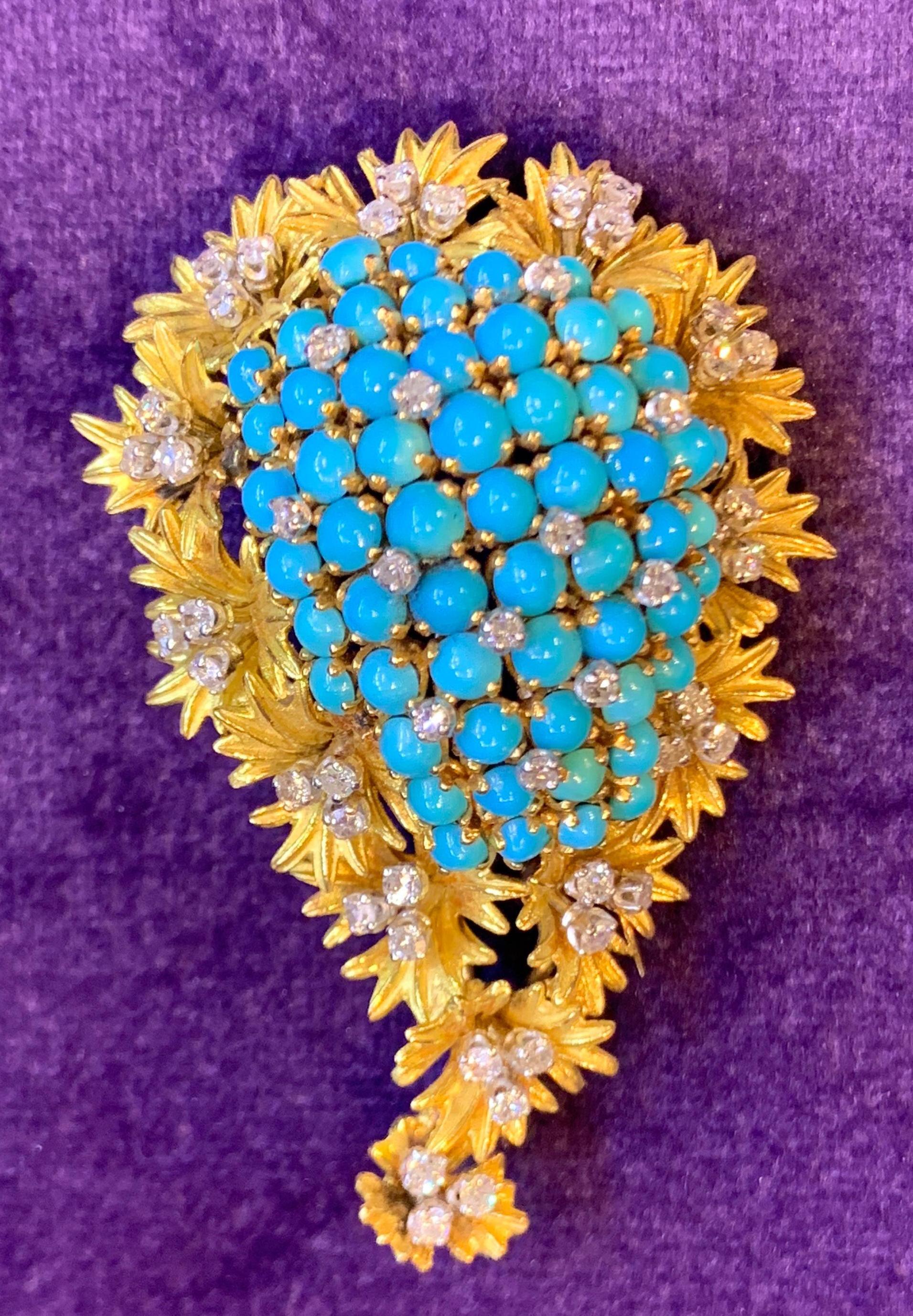 Turquoise & Diamond Paisley Brooch In Excellent Condition For Sale In New York, NY