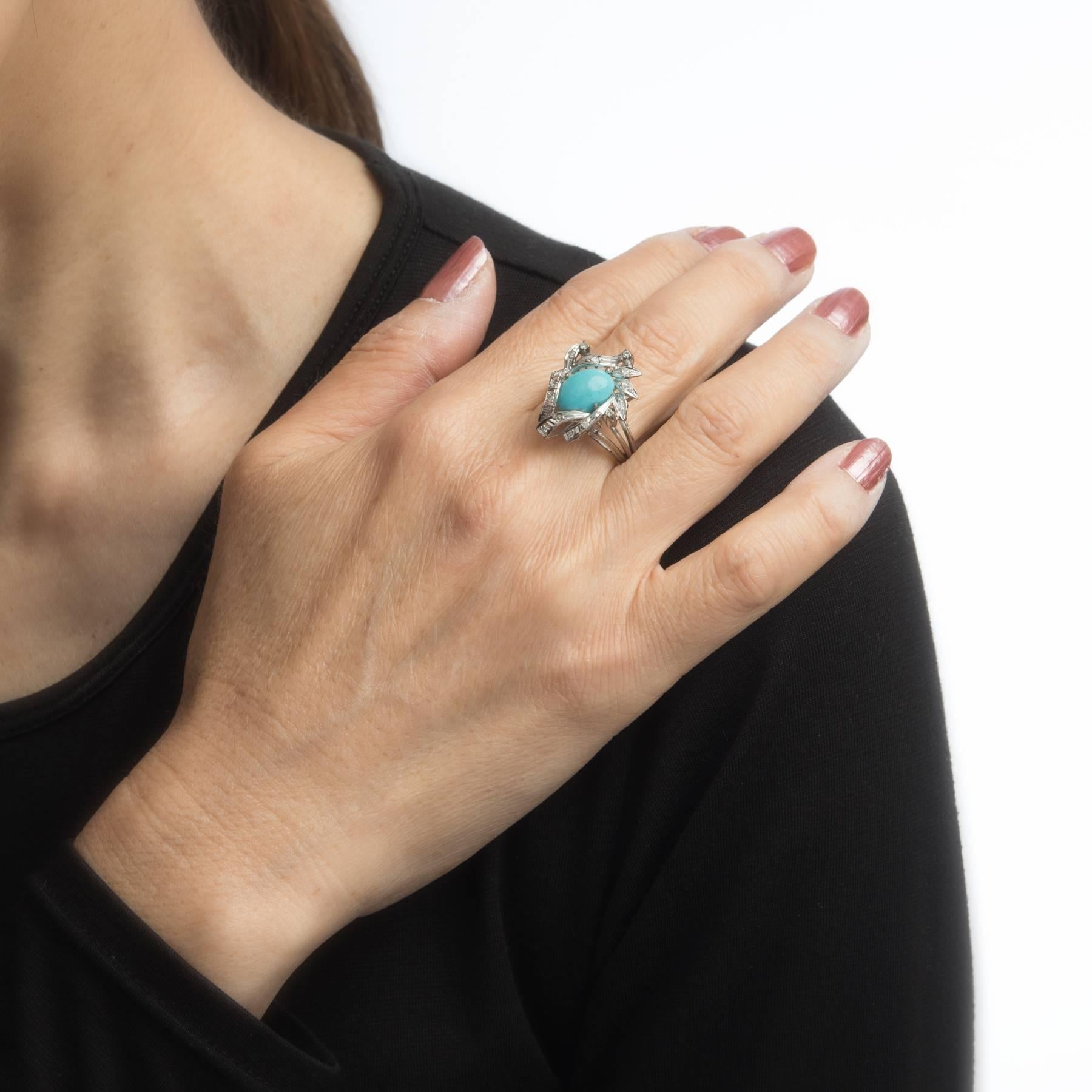 Oval Cut Turquoise Diamond Palladium Ring Vintage Jewelry