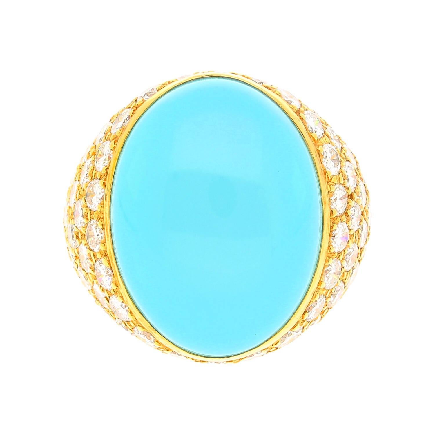 Anello a cupola in oro 18 carati con turchese e pavé di diamanti
