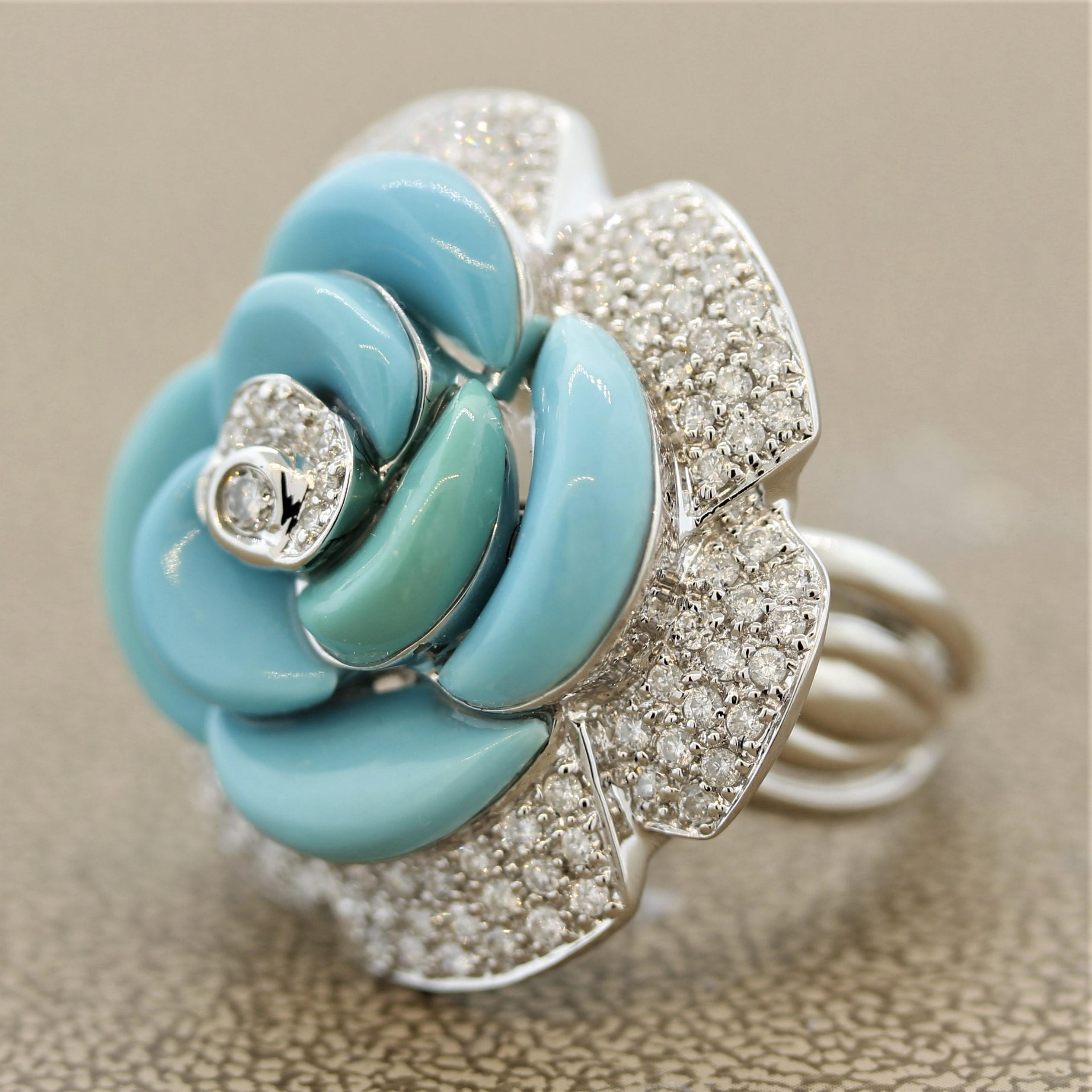 Round Cut Turquoise Diamond Pave Gold Flower Cocktail Ring For Sale