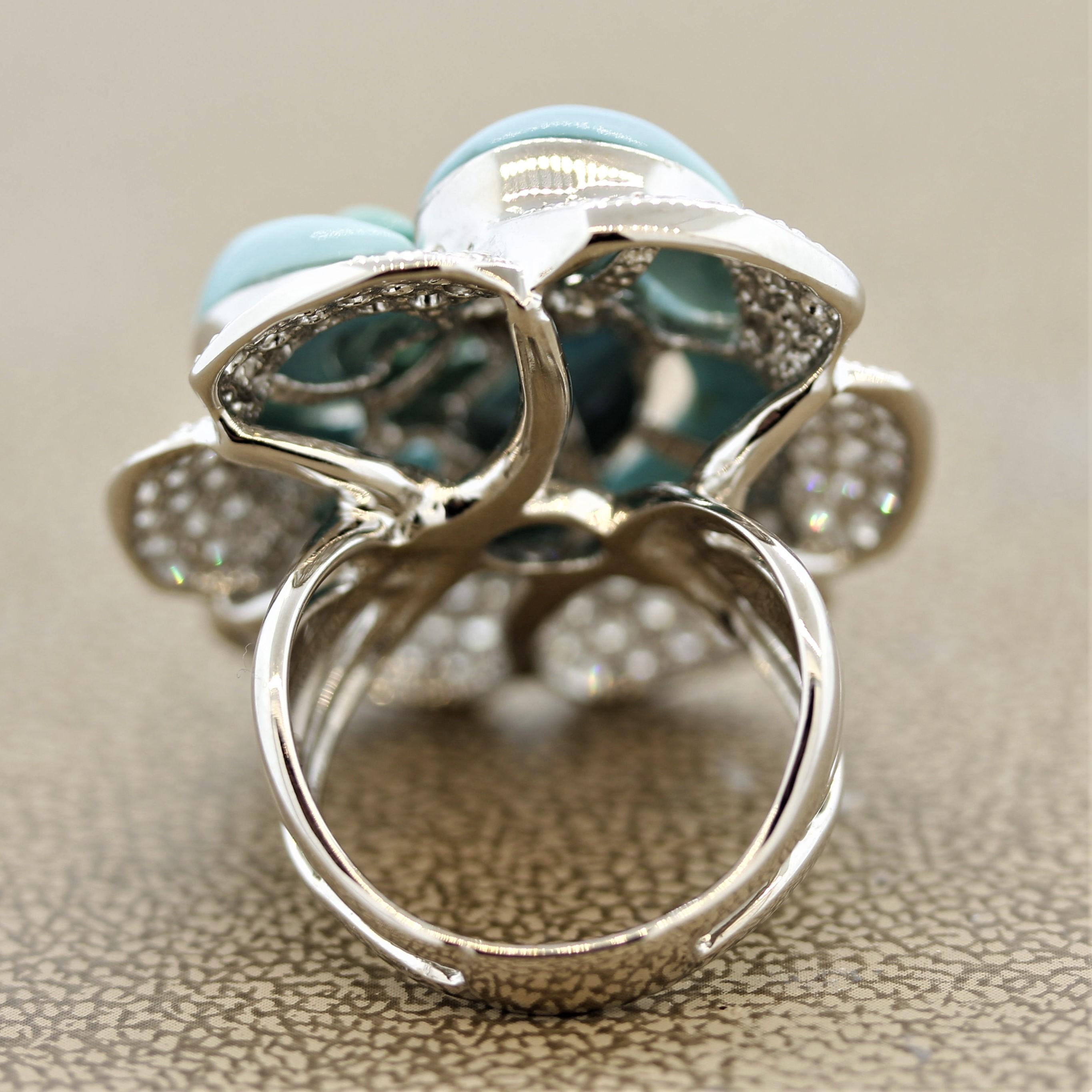 Turquoise Diamond Pave Gold Flower Cocktail Ring In New Condition For Sale In Beverly Hills, CA