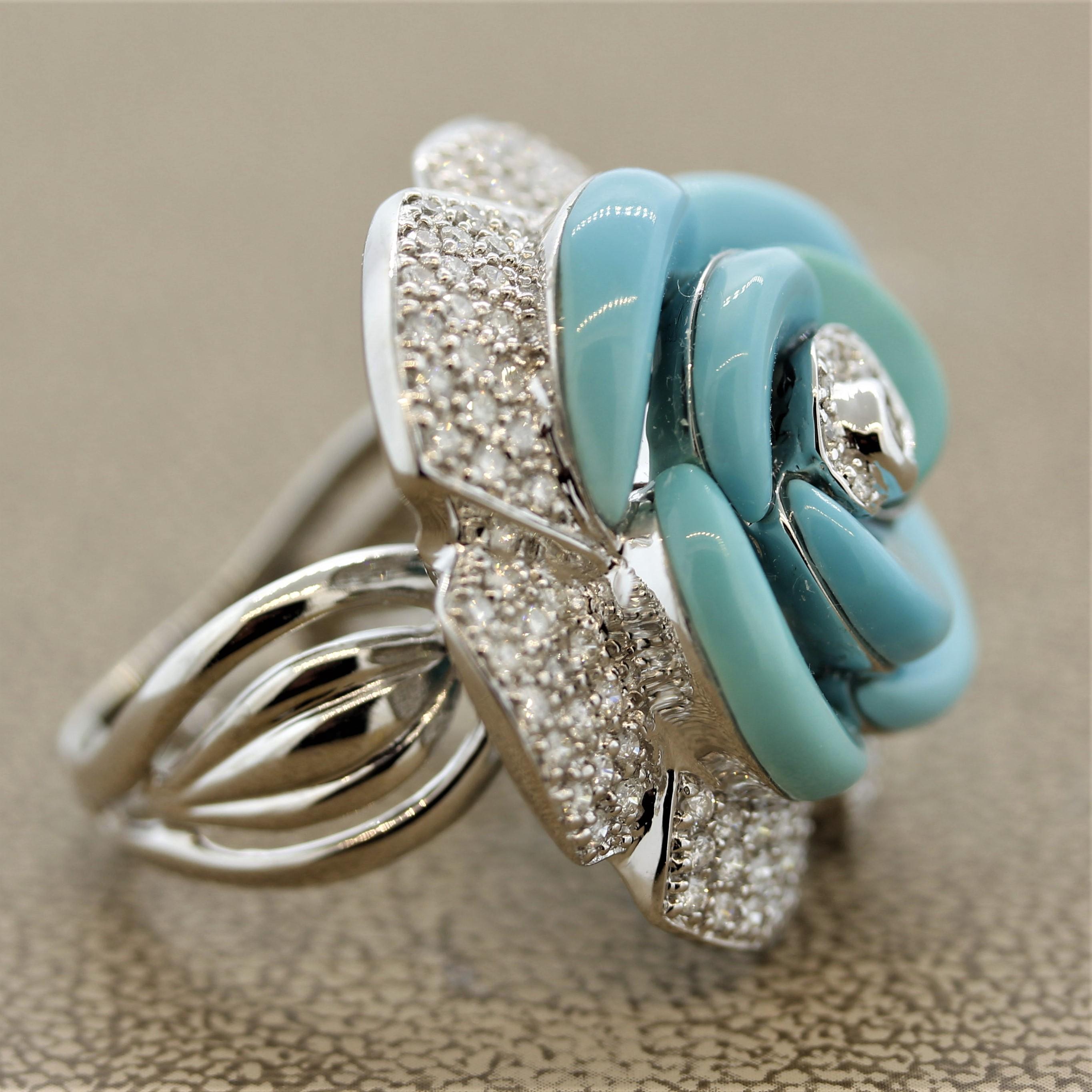 Women's Turquoise Diamond Pave Gold Flower Cocktail Ring For Sale