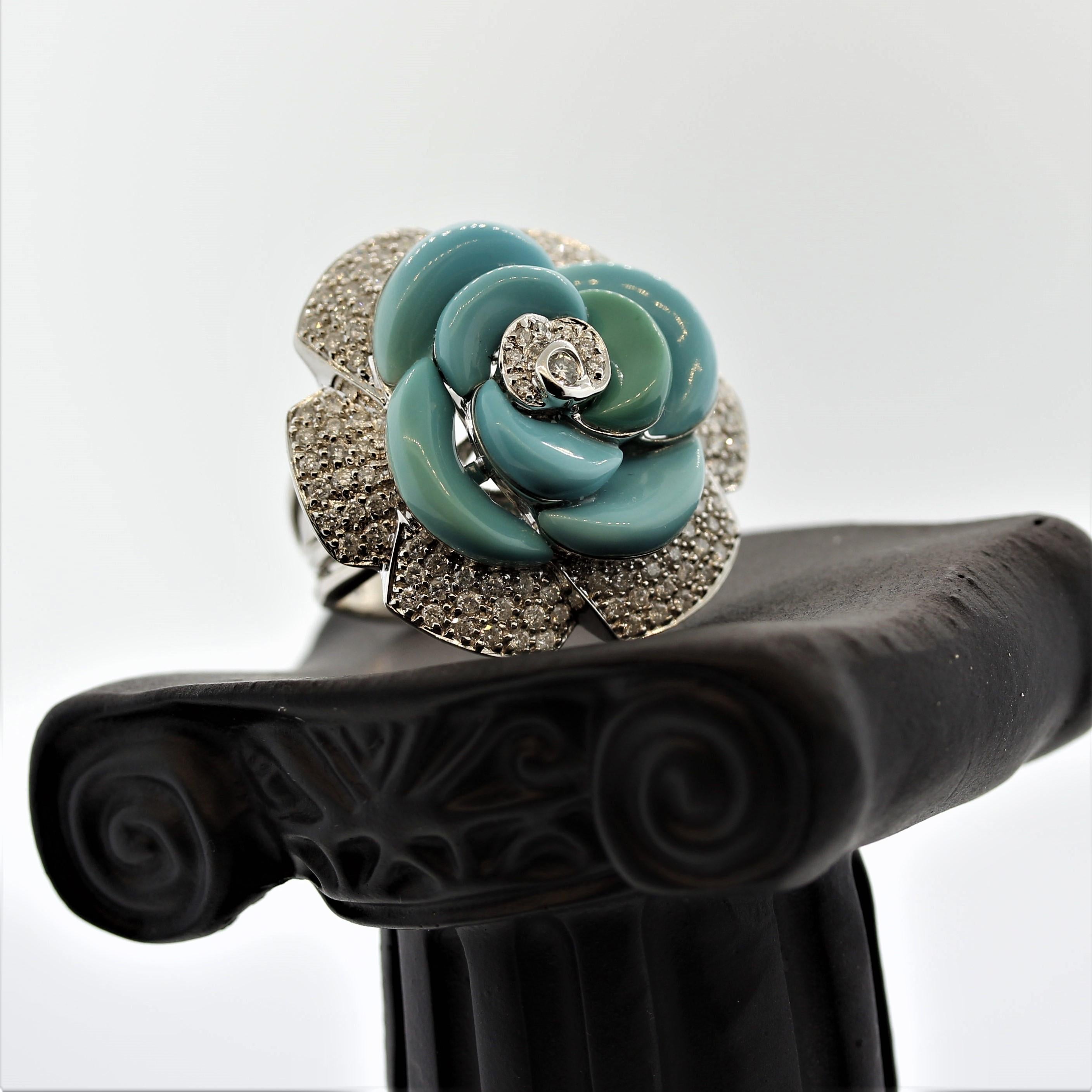 Turquoise Diamond Pave Gold Flower Cocktail Ring For Sale 1