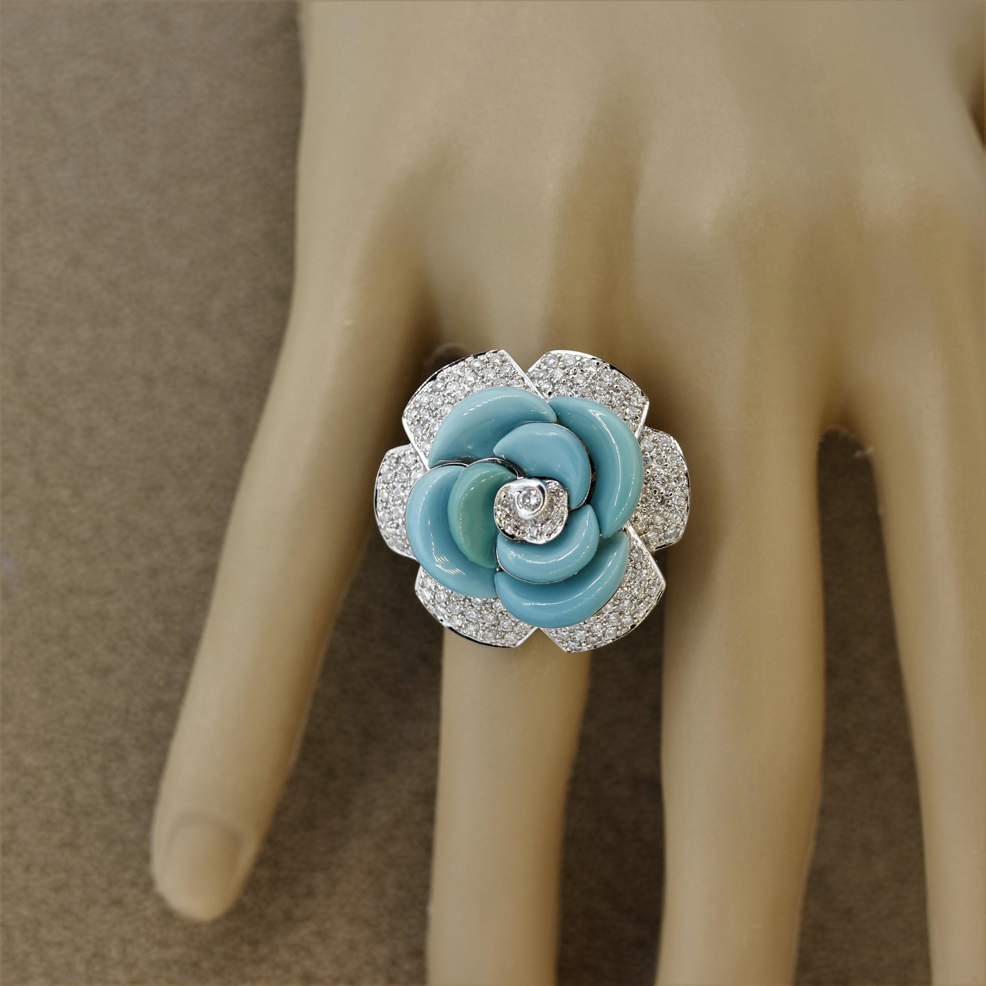 Turquoise Diamond Pave Gold Flower Cocktail Ring For Sale 2