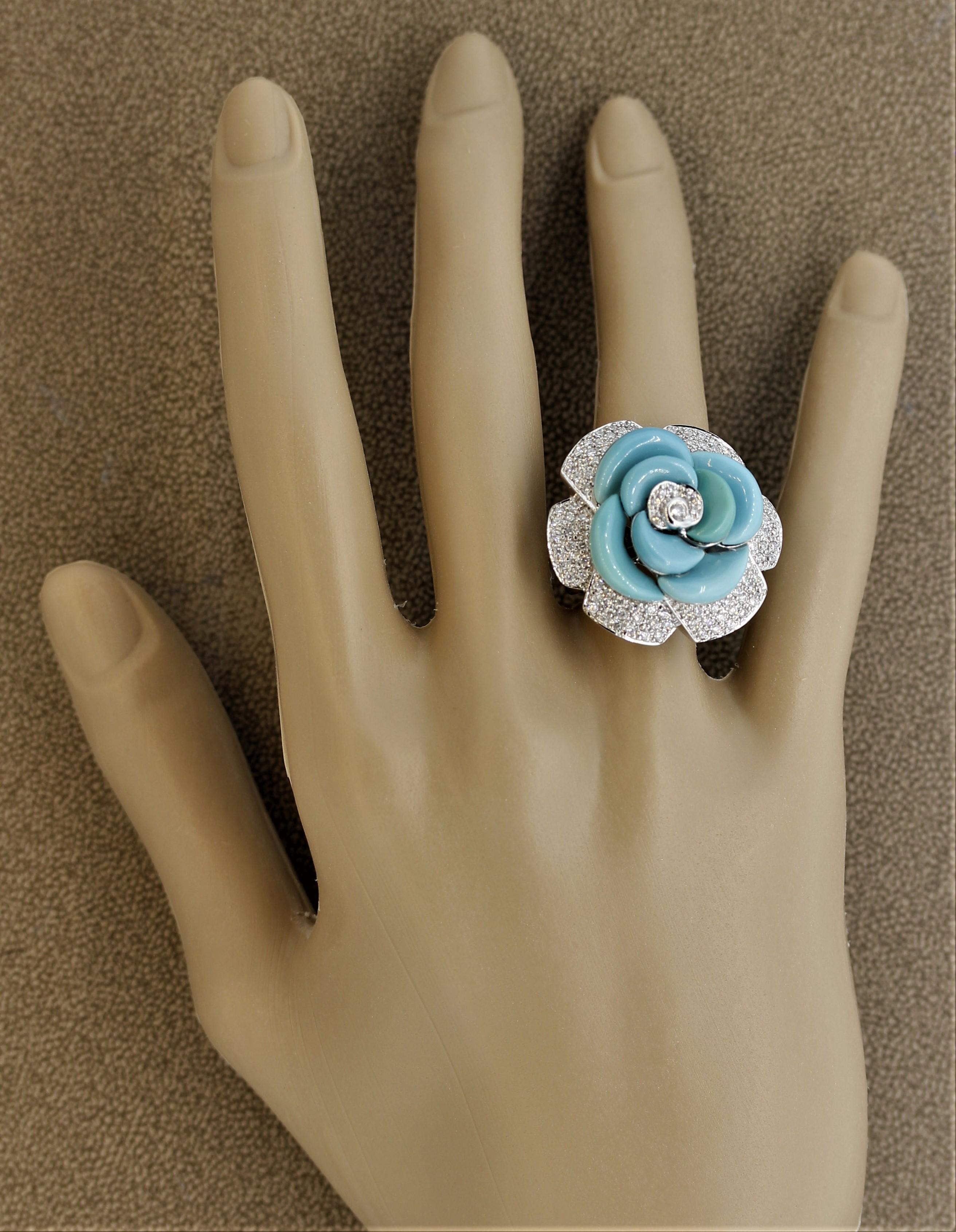 Turquoise Diamond Pave Gold Flower Cocktail Ring For Sale 3