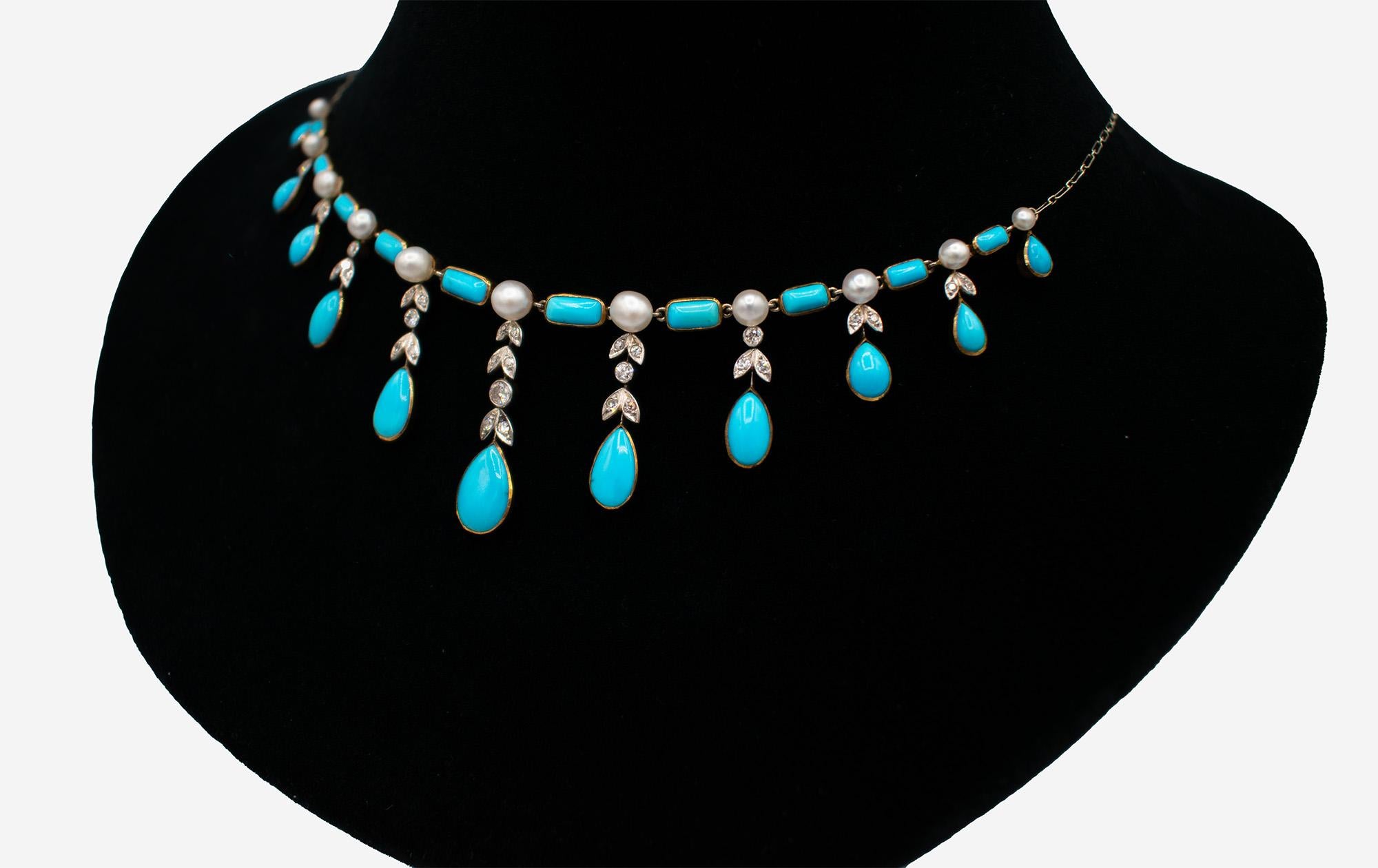 Collar de Turquesa, Diamantes y Perlas Art Decó en venta