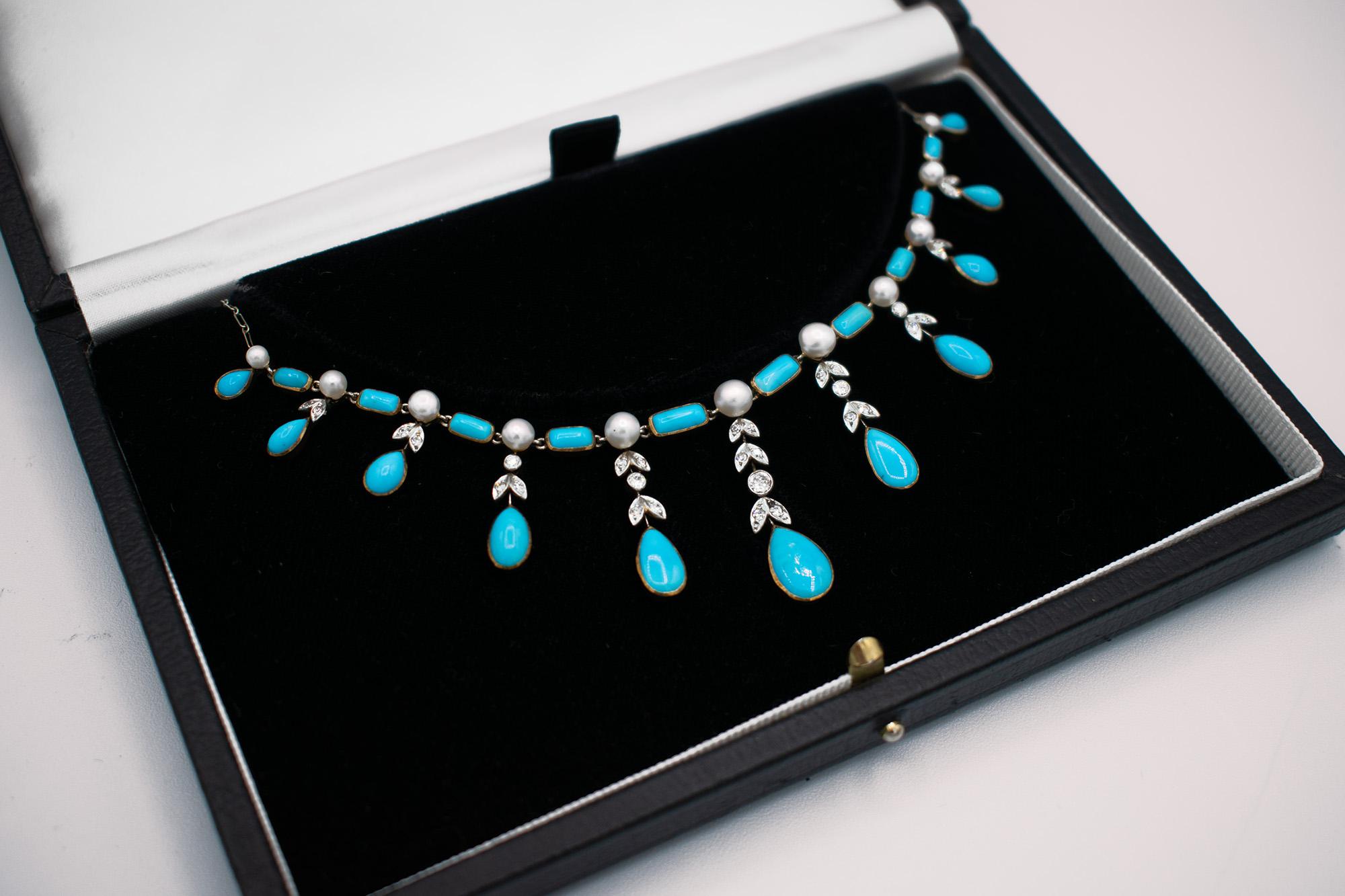 Collar de Turquesa, Diamantes y Perlas Corte brillante en venta