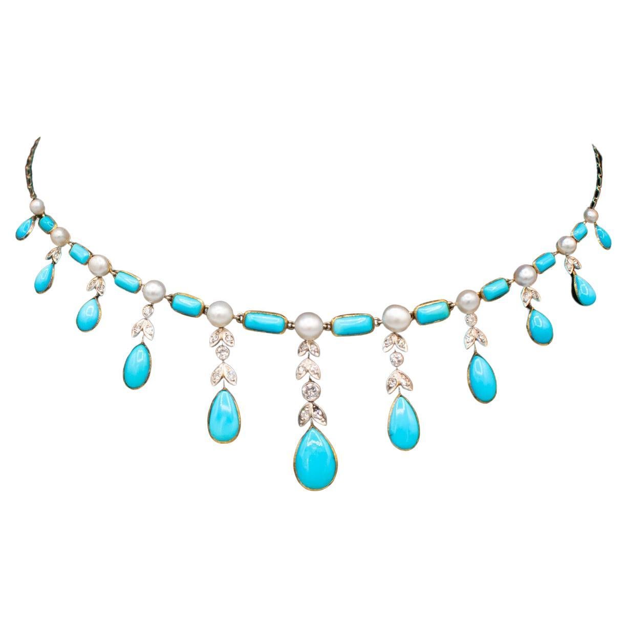 Collar de Turquesa, Diamantes y Perlas en venta