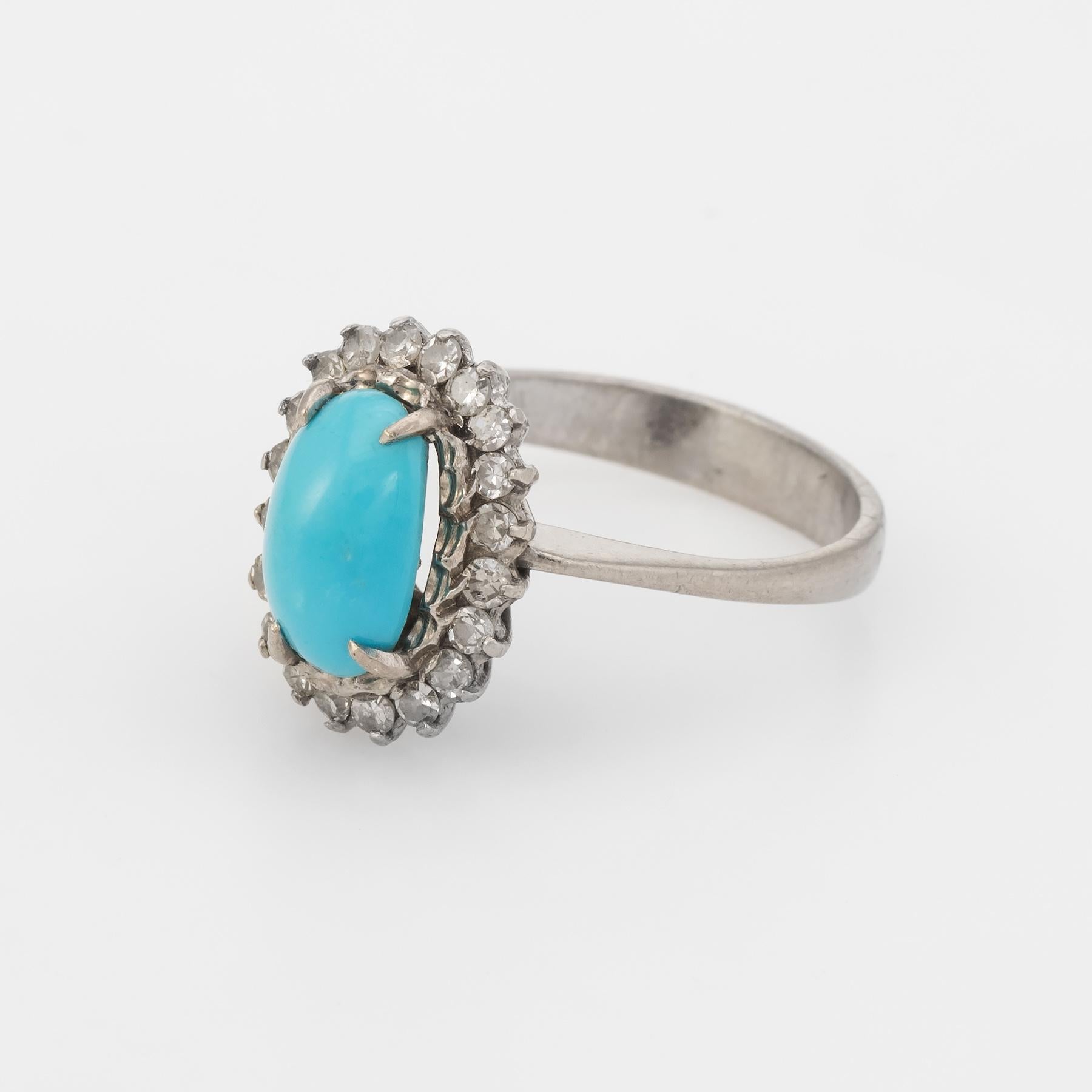 Women's Turquoise Diamond Princess Ring Vintage 14 Karat White Gold Estate Fine Jewelry