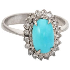 Turquoise Diamond Princess Ring Vintage 14 Karat White Gold Estate Fine Jewelry