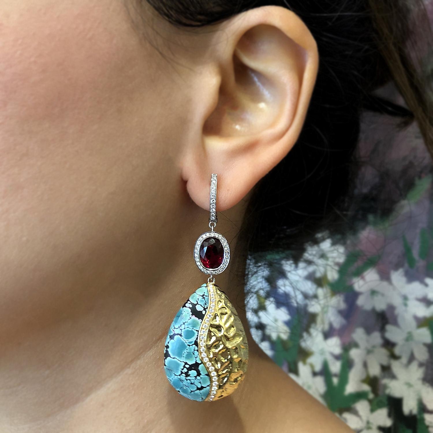 Turquoise Rubelite Tourmaline Diamond Gold Drop Earrings In New Condition For Sale In Beverly Hills, CA
