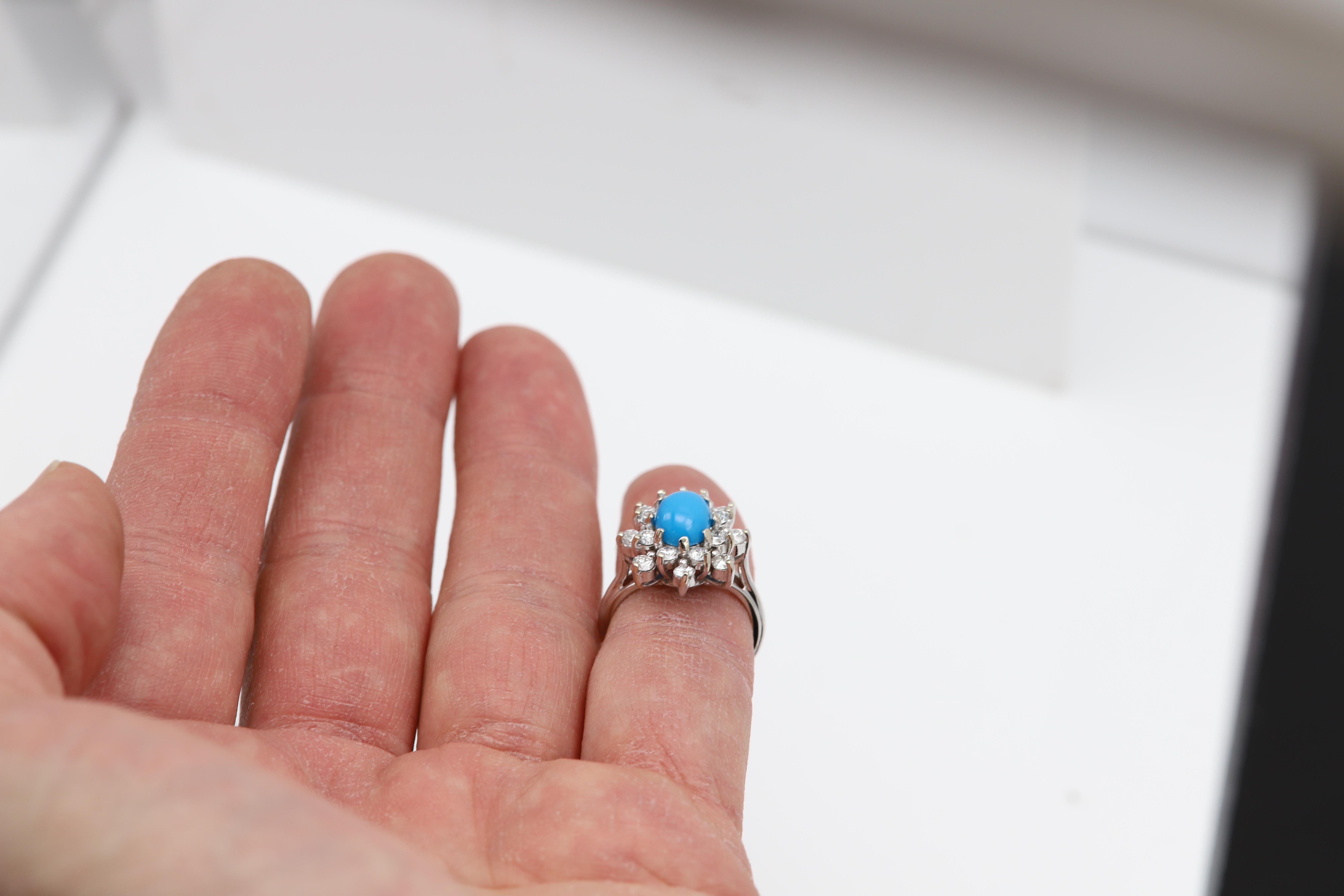 Oval Cut Turquoise Diamond Ring 14 Karat White Gold For Sale