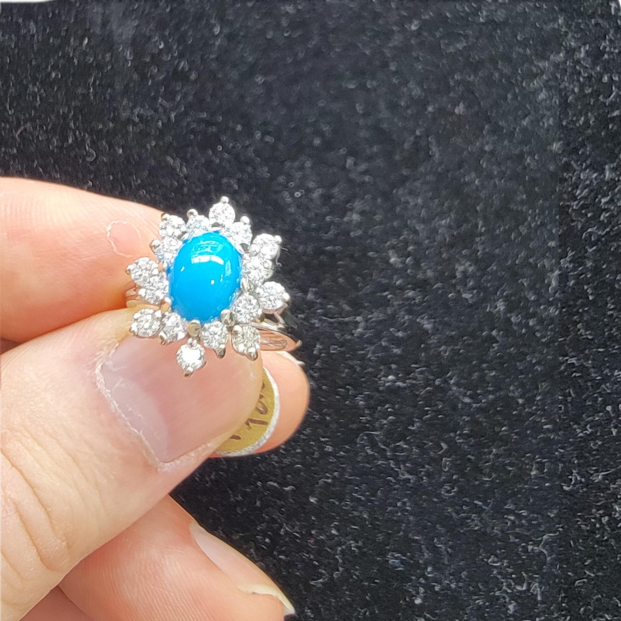 Oval Cut Turquoise Diamond Ring 14 Karat White Gold For Sale
