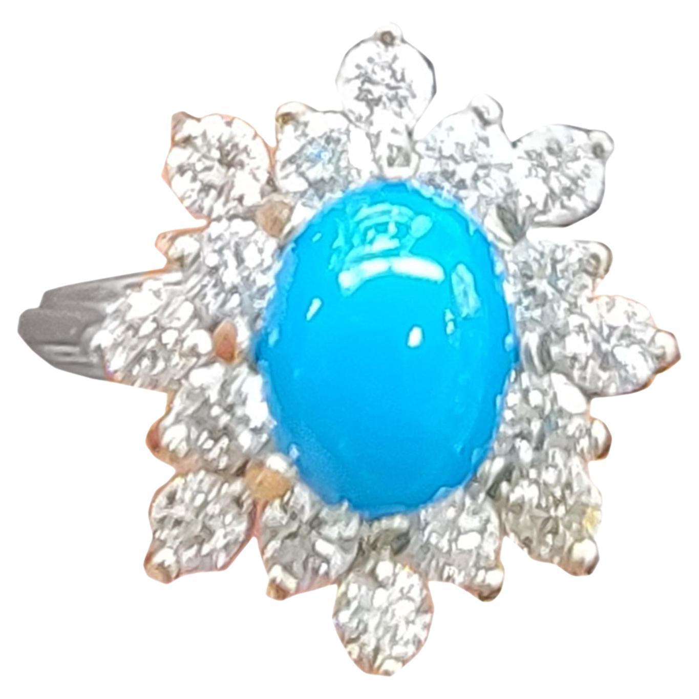 Turquoise Diamond Ring 14 Karat White Gold For Sale