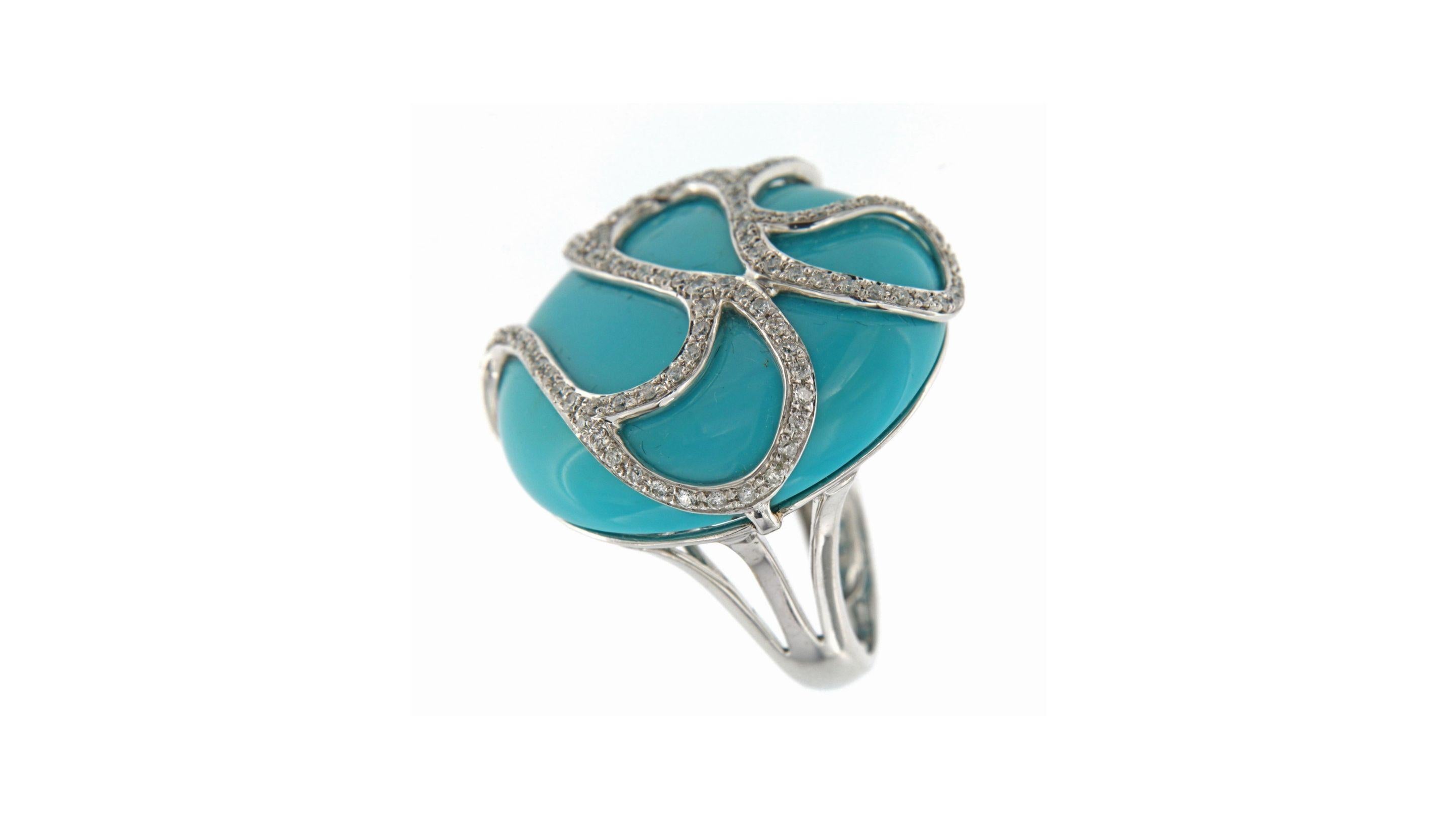 

This is a unique Turquoise ring with over 110 diamonds  set in 14k White Gold and let us know your size too. 

10X6X4 cm