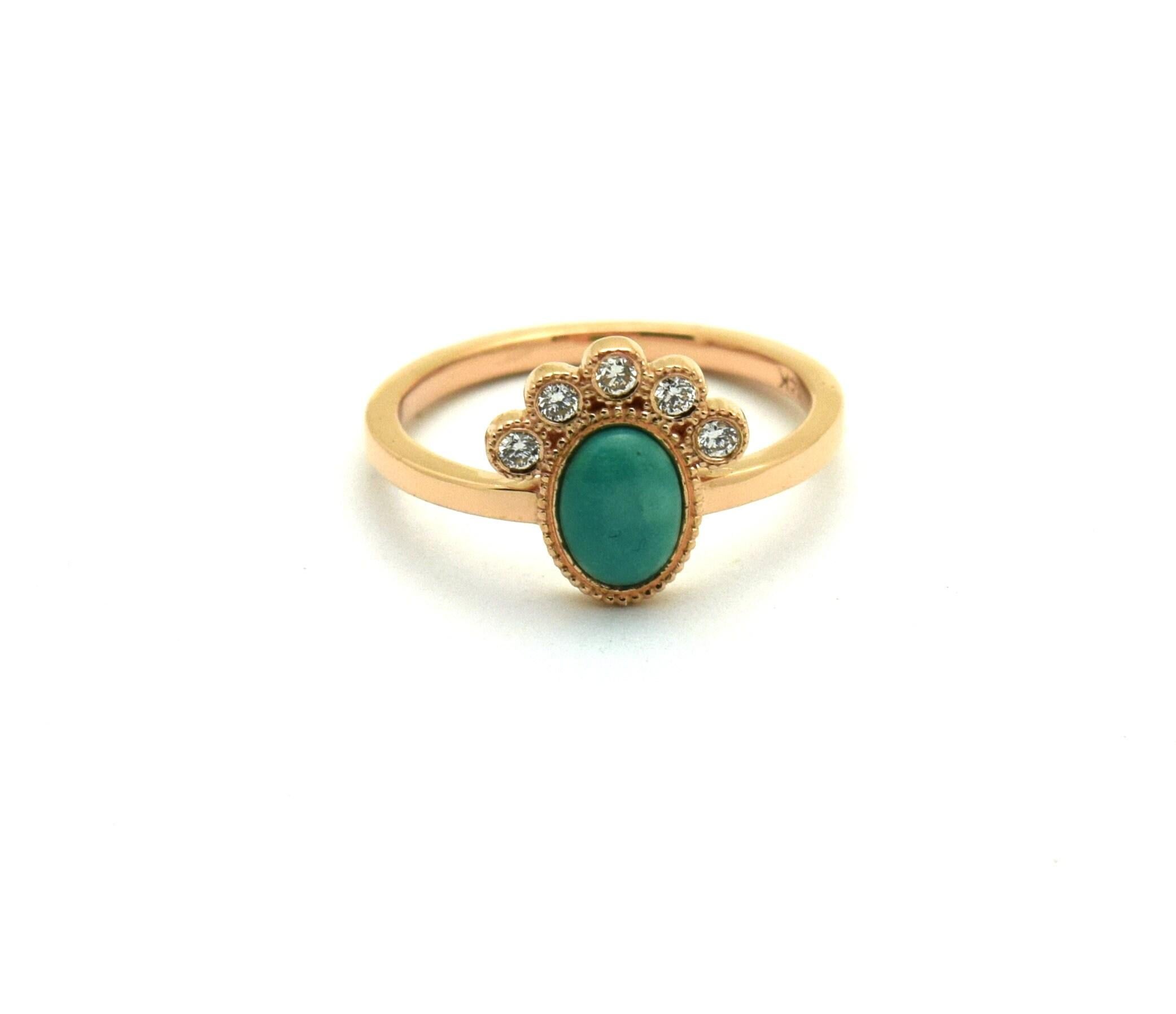 Sehr hübscher Türkis-Diamant-Ring in 14KT Roségold!

Mittelstein: Naturtürkis
Farbe: Grünliches Blau
Ungefähres Gewicht: 1,50cts
Reinheit: Augenrein - AAA-Grad
Schliff: Oval (5x3mm)

Seitlicher Diamant: 0,16ct
Farbe des seitlichen Diamanten: