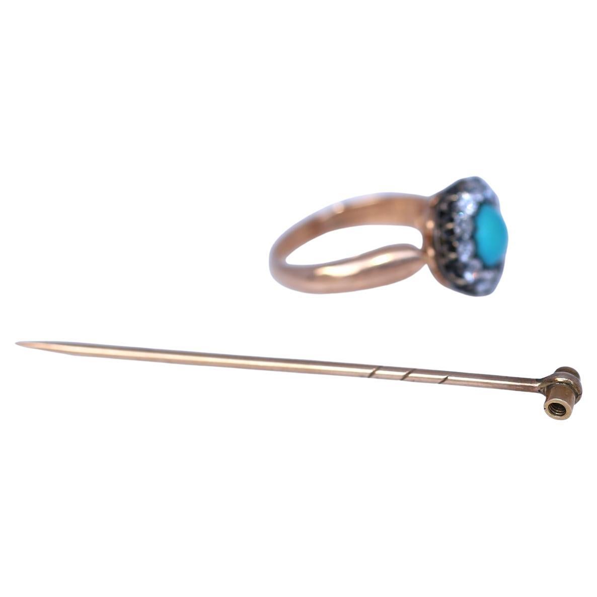 Turquoise Diamond Ring Brooch Transformer Pin, 1890 For Sale 5