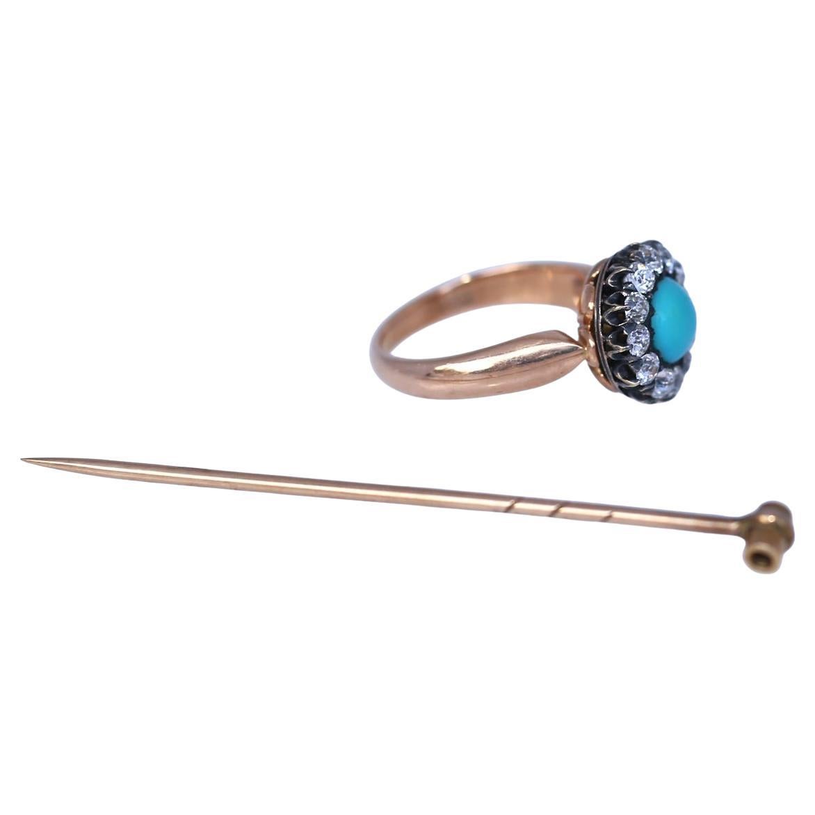 Turquoise Diamond Ring Brooch Transformer Pin, 1890 For Sale 8