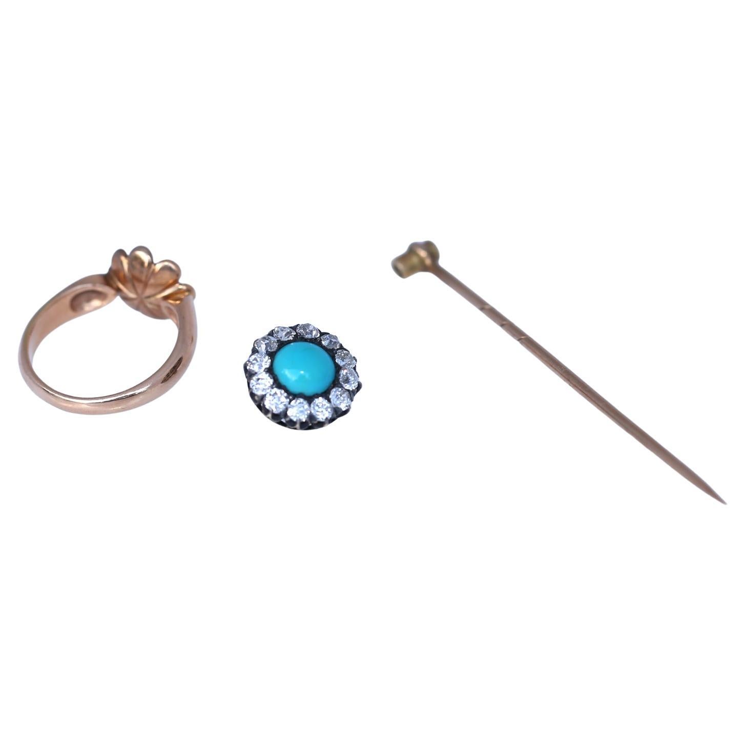 Turquoise Diamond Ring Brooch Transformer Pin, 1890 In Good Condition For Sale In Herzelia, Tel Aviv