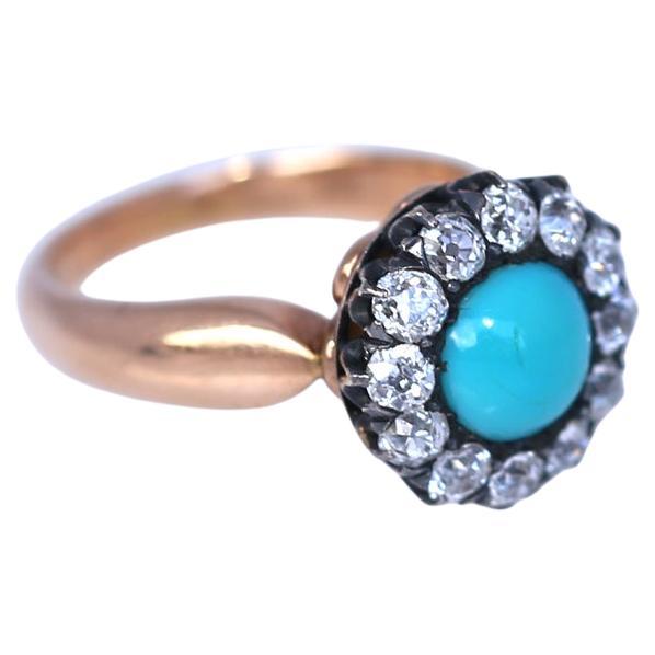 Women's or Men's Turquoise Diamond Ring Brooch Transformer Pin, 1890 For Sale