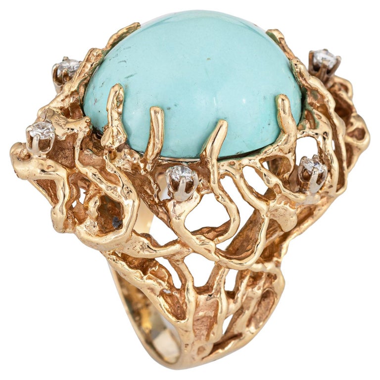 Turquoise Diamond Ring Large Abstract Vintage 18k Yellow Gold Fine ...