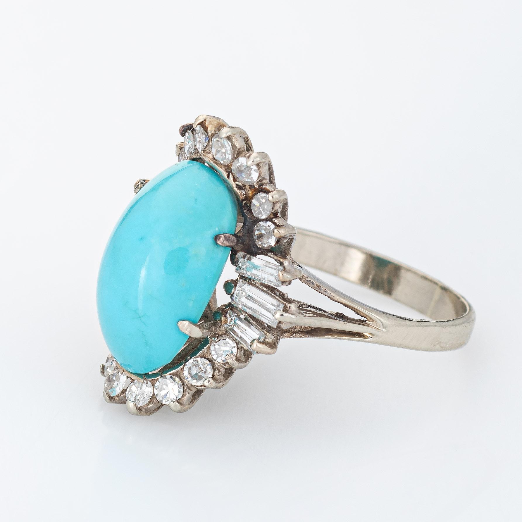 Cabochon Turquoise Diamond Ring Vintage 14k White Gold Cocktail Jewelry Mid Century 5.75