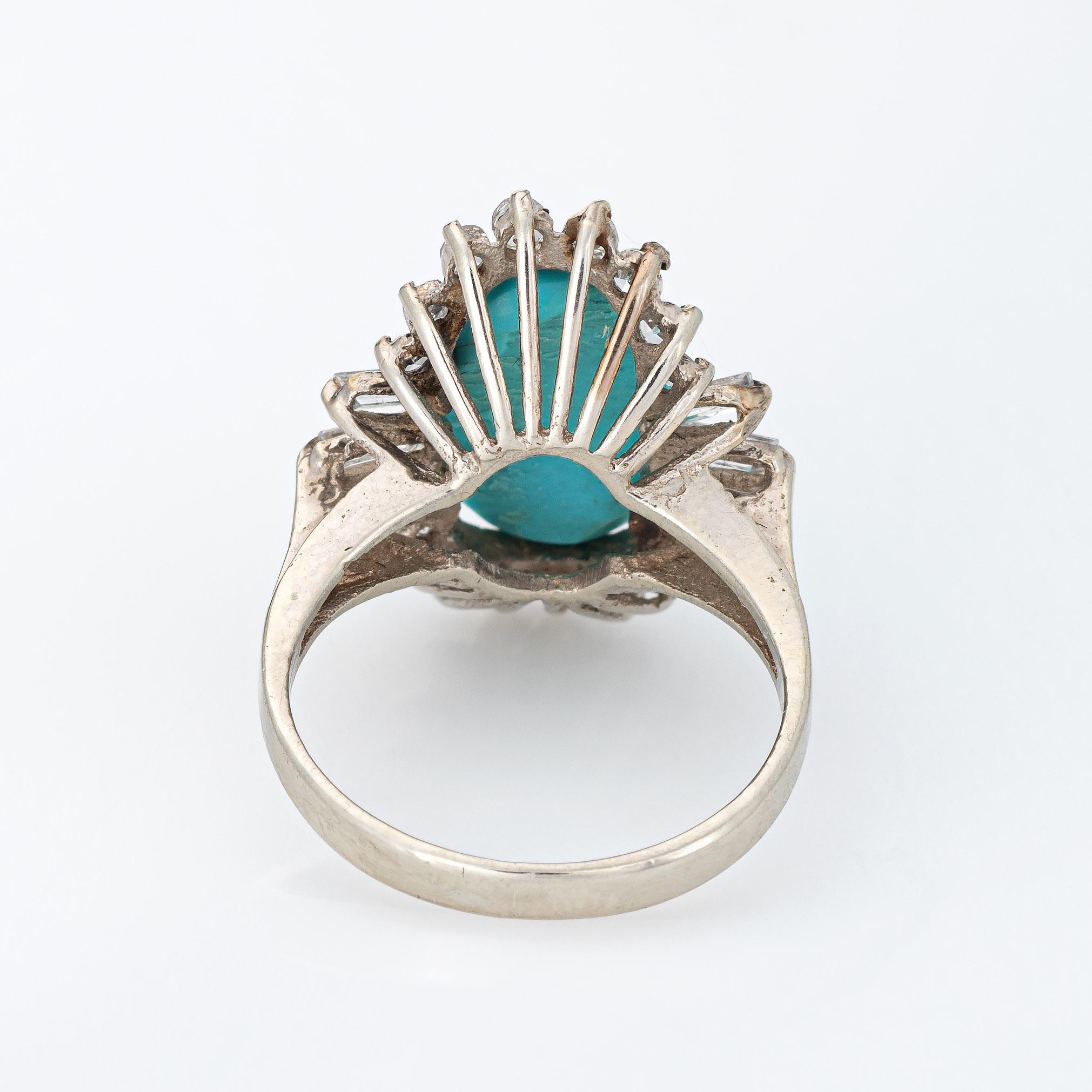 Turquoise Diamond Ring Vintage 14k White Gold Cocktail Jewelry Mid Century 5.75 In Good Condition In Torrance, CA