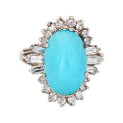 Turquoise Diamond Ring Vintage 14k White Gold Cocktail Jewelry Mid Century 5.75