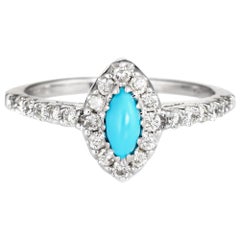 Turquoise Diamond Ring Vintage 14 Karat White Gold Marquise Cocktail Jewelry