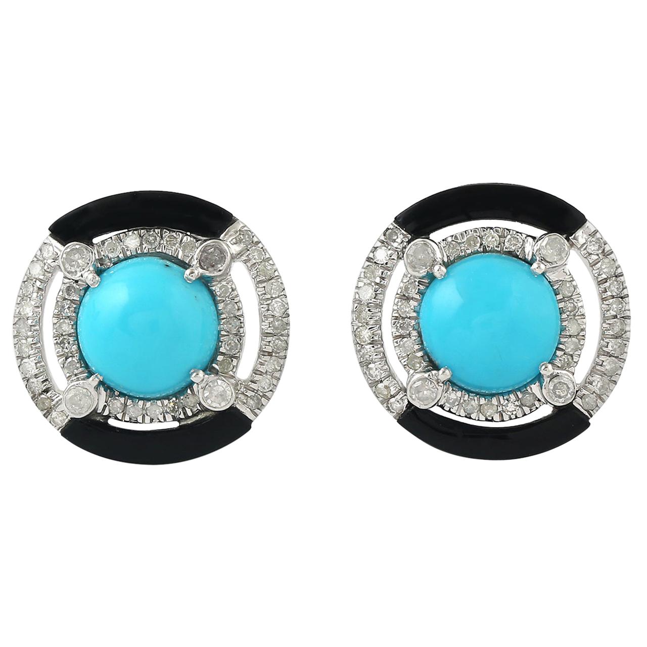 Turquoise Diamond Round Stud Earrings For Sale