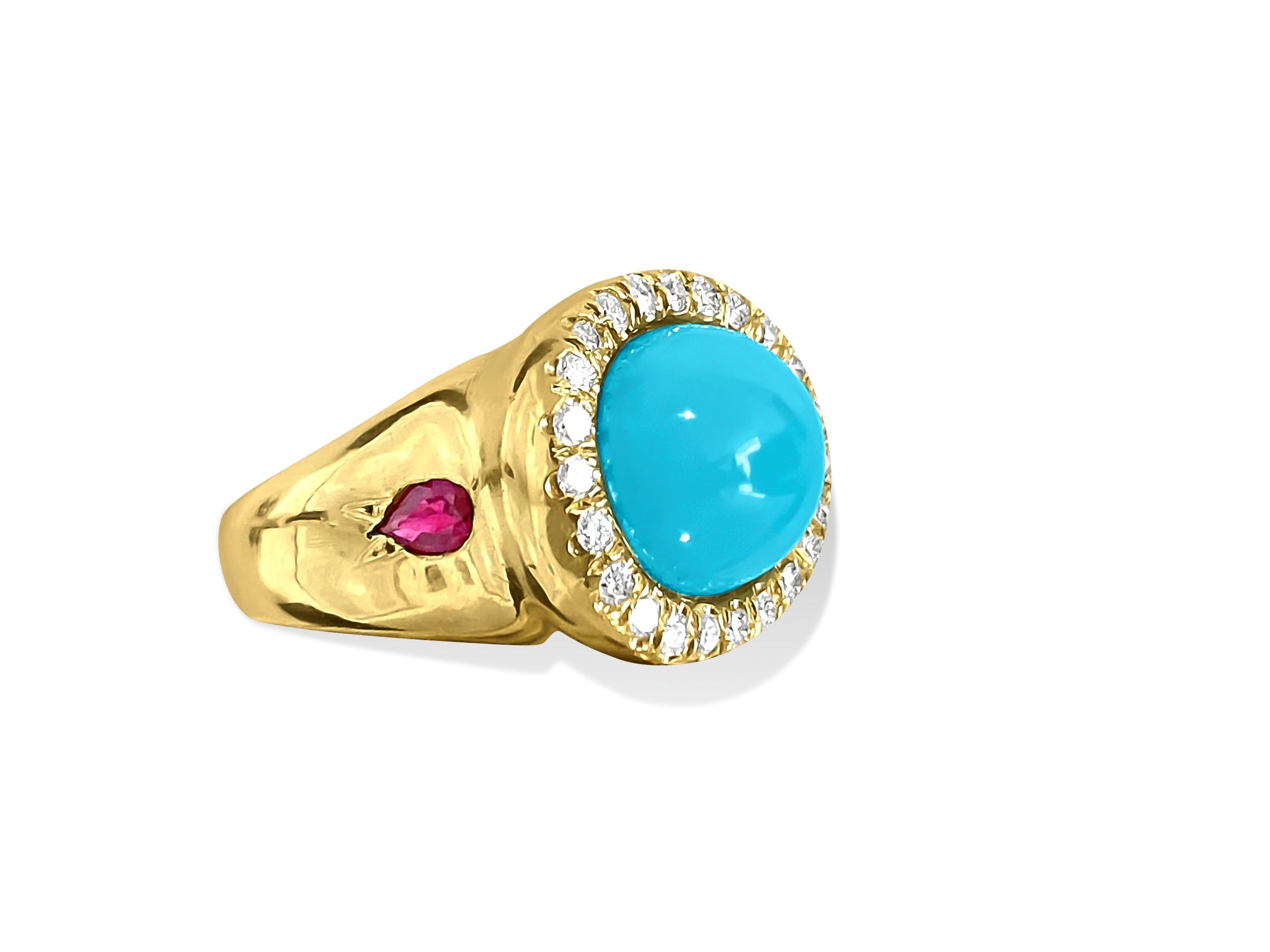 This is an 18-karat yellow gold ring with a main turquoise stone in the middle. There are also smaller diamonds on the sides, totaling 1.00 carat, with VS clarity and G color. Round-cut rubies are also set on the sides. All the precious stones are