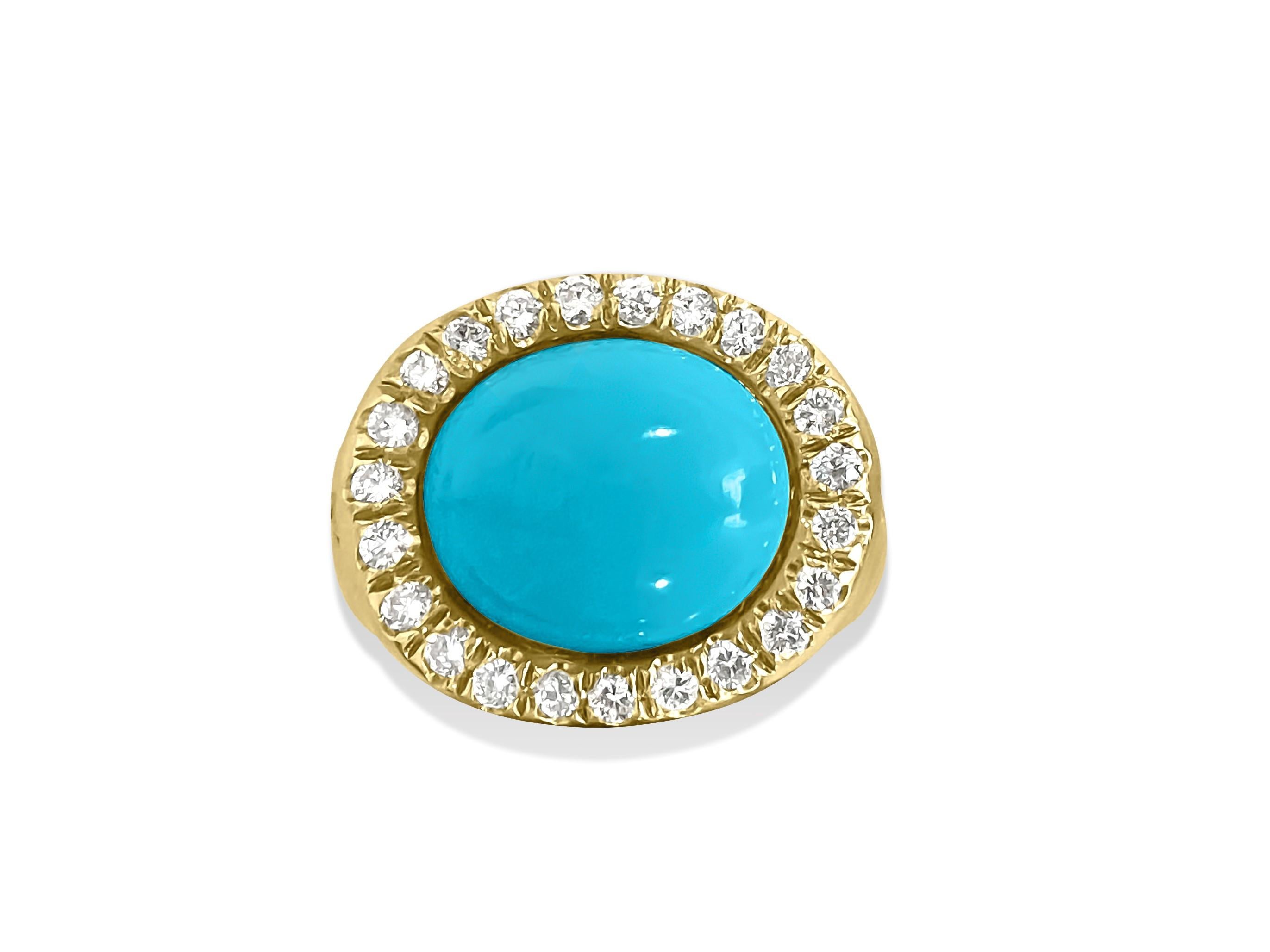 This is an 18-karat yellow gold ring with a main turquoise stone in the middle. There are also smaller diamonds on the sides, totaling 1.00 carat, with VS clarity and G color. Round-cut rubies are also set on the sides. All the precious stones are