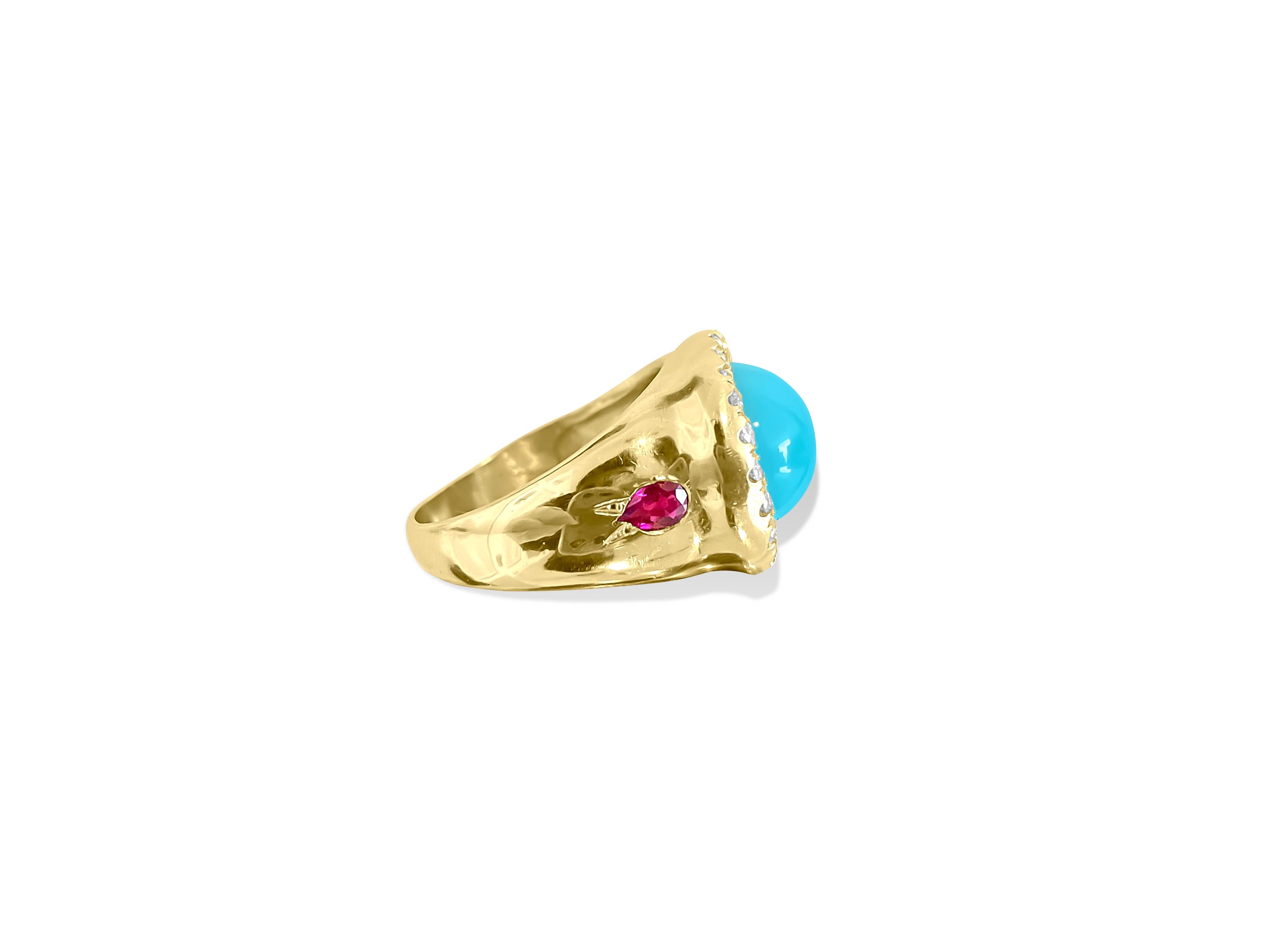 Round Cut Turquoise Diamond Ruby 18K Yellow Gold Cocktail Ring For Sale