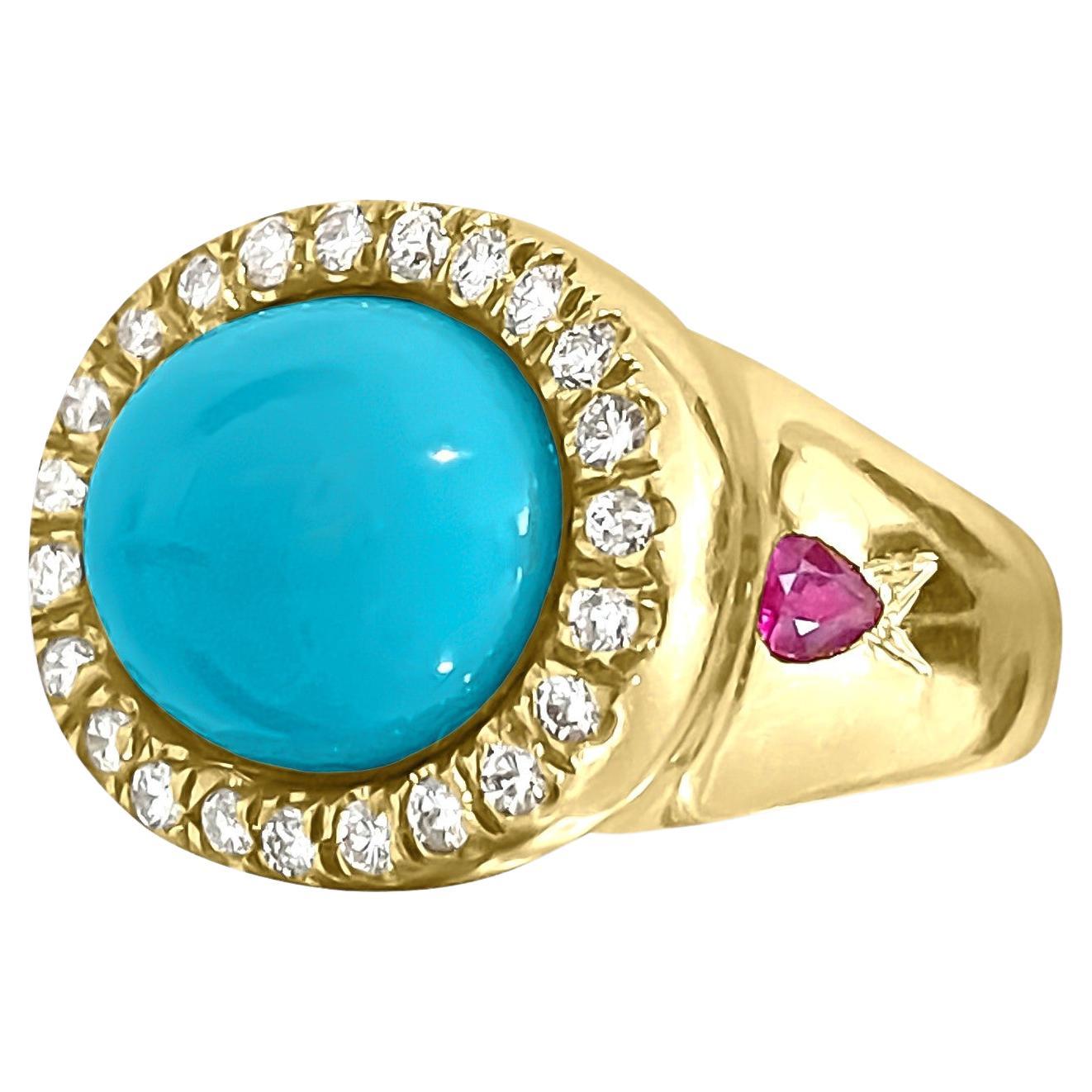 Turquoise Diamond Ruby 18K Yellow Gold Cocktail Ring For Sale