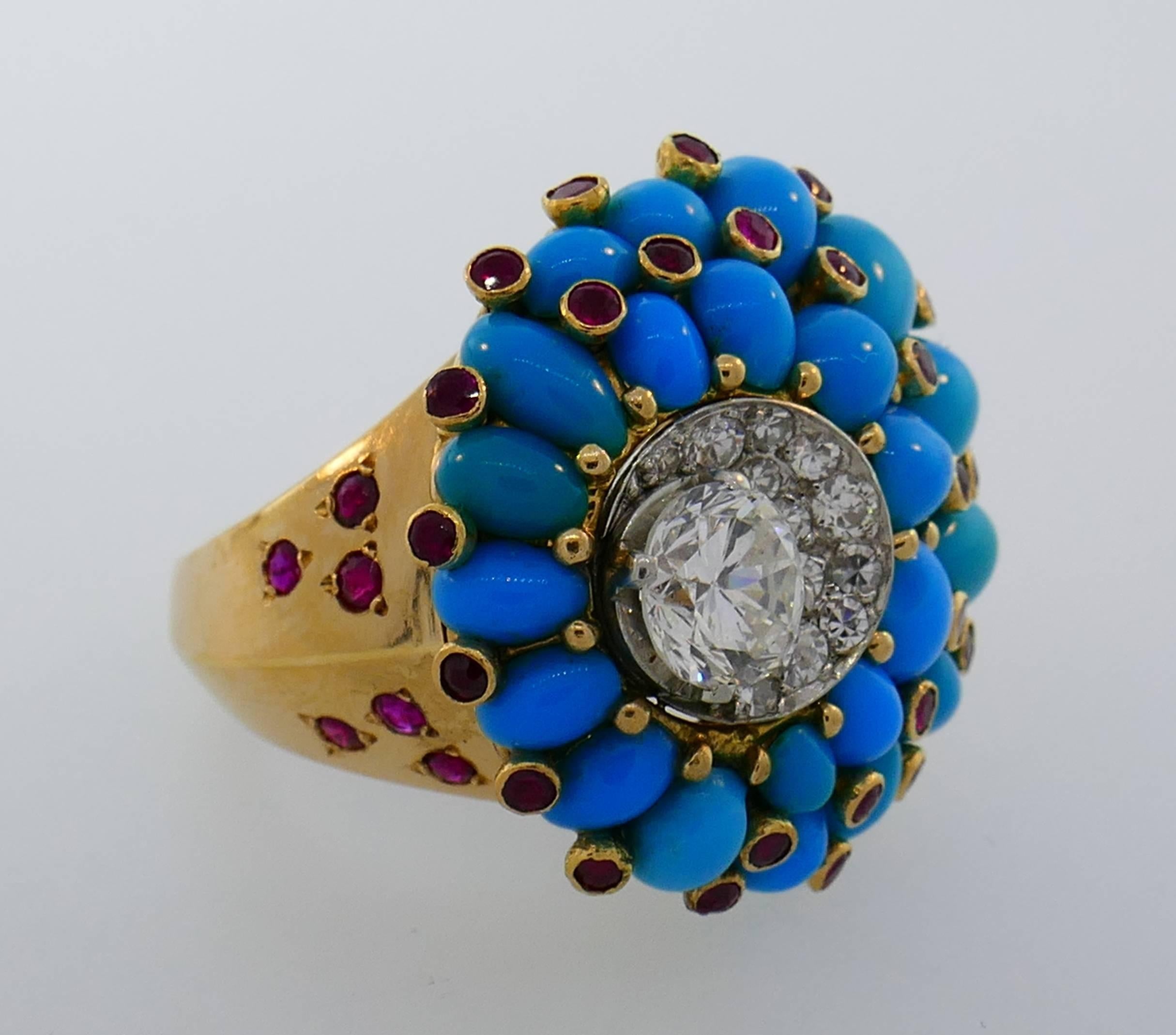 Turquoise Diamond Ruby Gold Ring Earrings Clip Brooch Set by Horovitz Alexandrie In Excellent Condition In Beverly Hills, CA