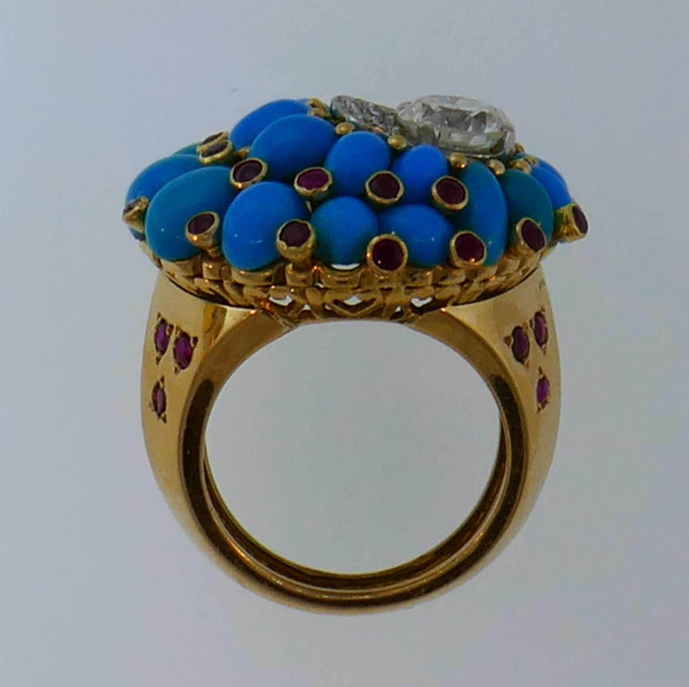 Women's Turquoise Diamond Ruby Gold Ring Earrings Clip Brooch Set by Horovitz Alexandrie