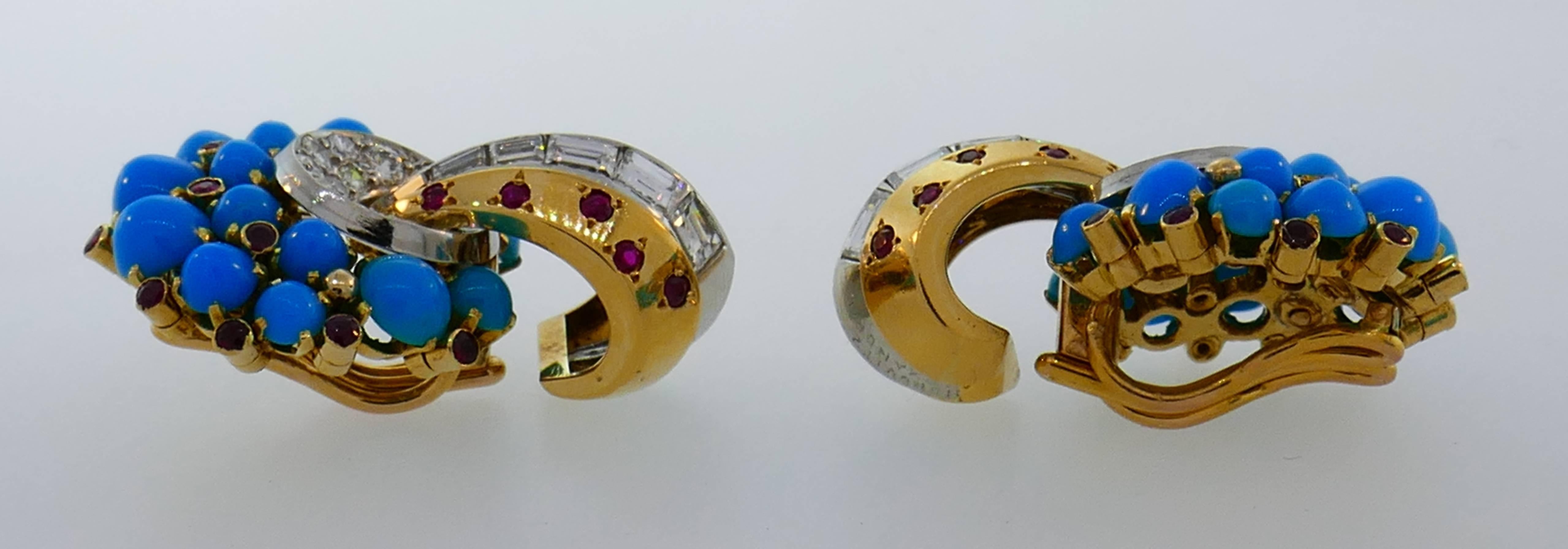 Turquoise Diamond Ruby Gold Ring Earrings Clip Brooch Set by Horovitz Alexandrie 2