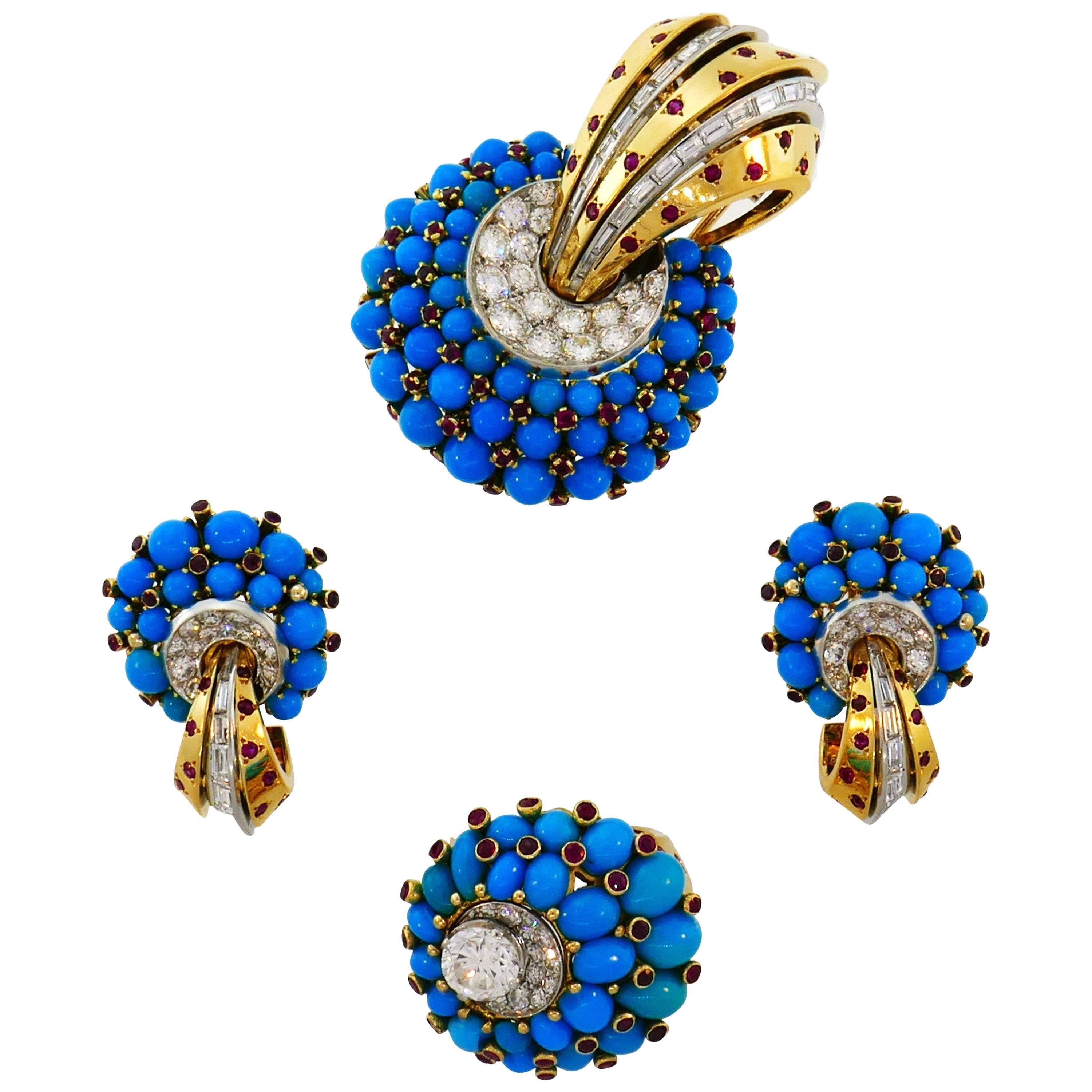 Turquoise Diamond Ruby Gold Ring Earrings Clip Brooch Set by Horovitz Alexandrie